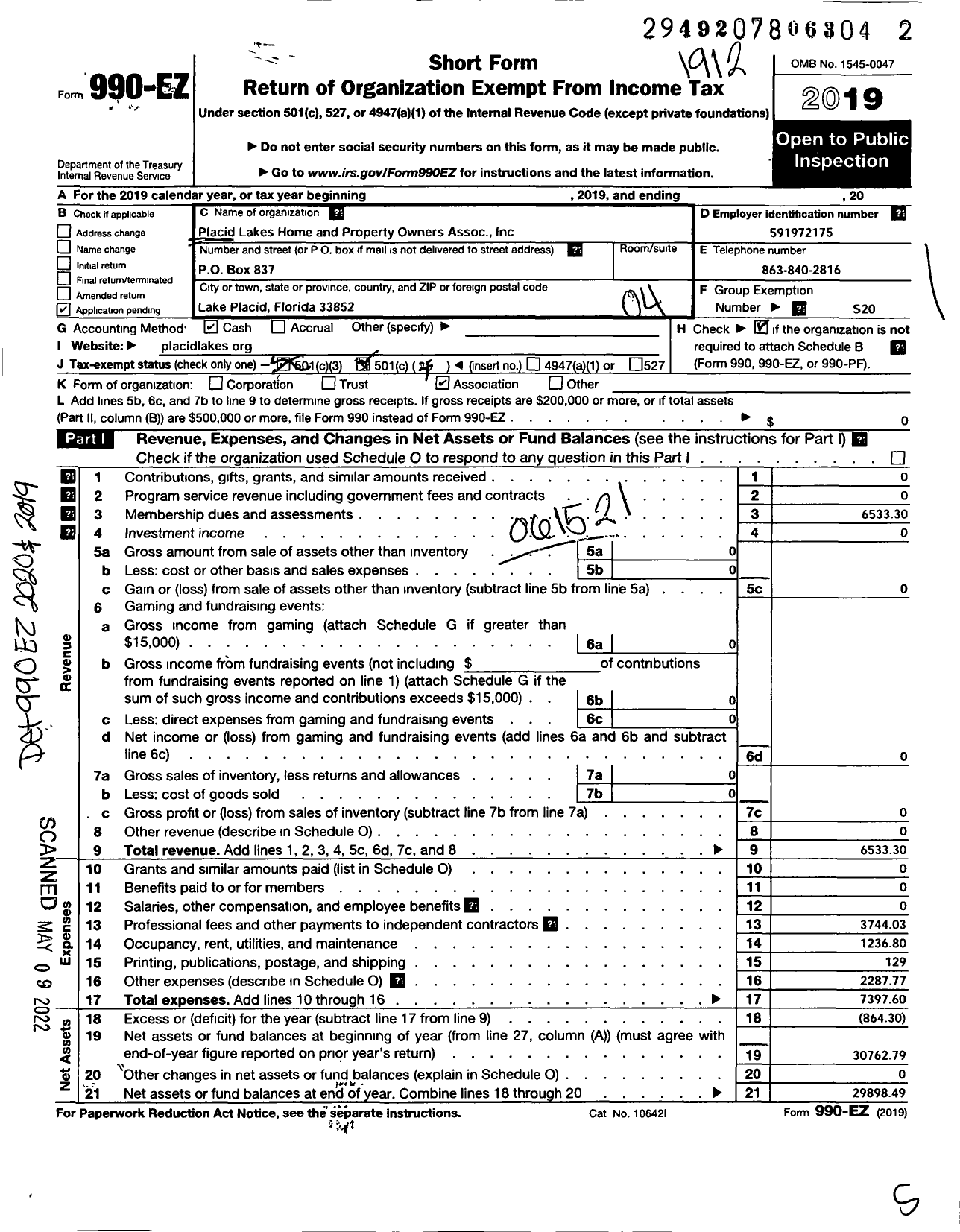 Image of first page of 2019 Form 990EO for Placid Lakes Home and Property Owners Association