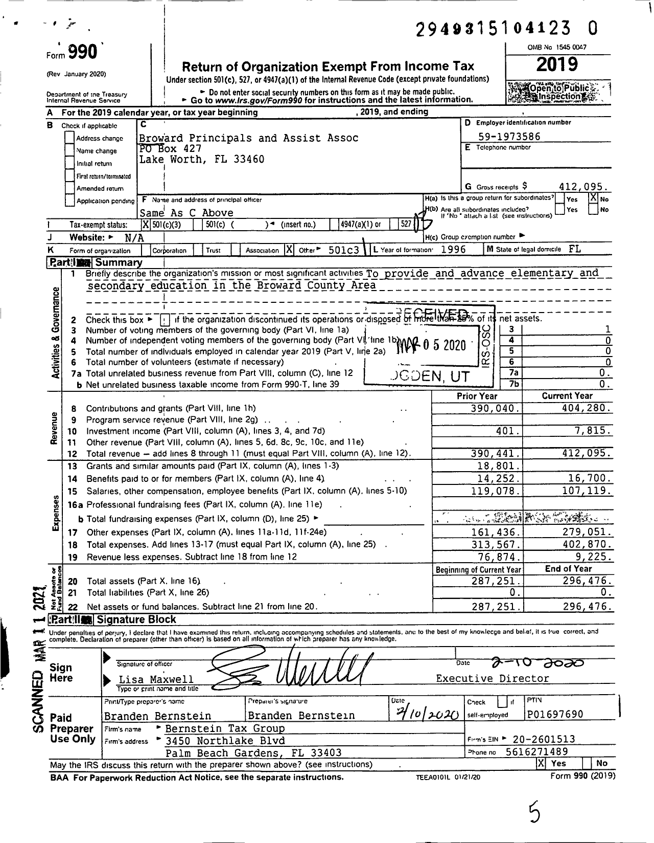 Image of first page of 2019 Form 990 for Broward Principals And Assistants Association