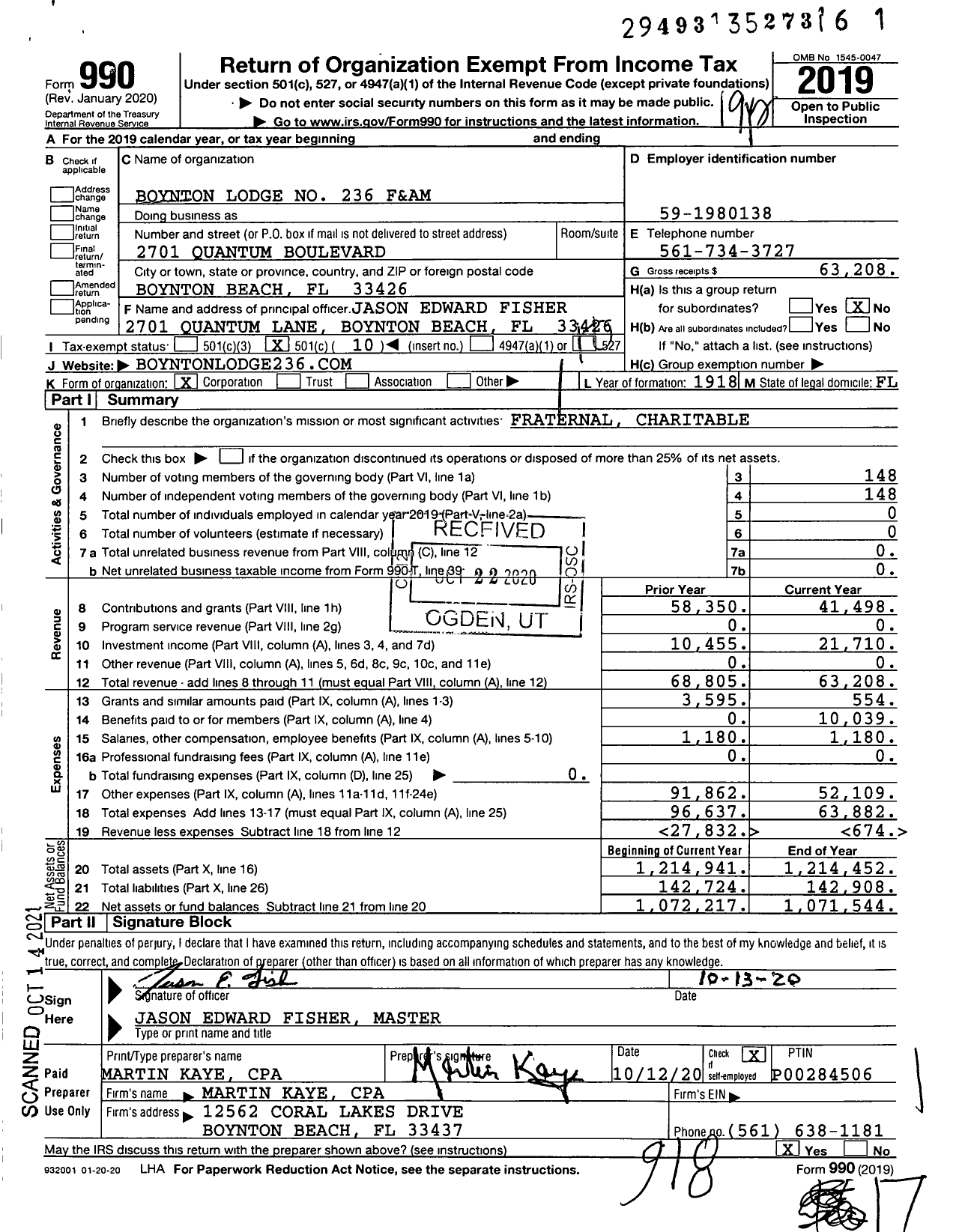 Image of first page of 2019 Form 990O for Free and Accepted Masons of Florida - 236 Boynton Lodge