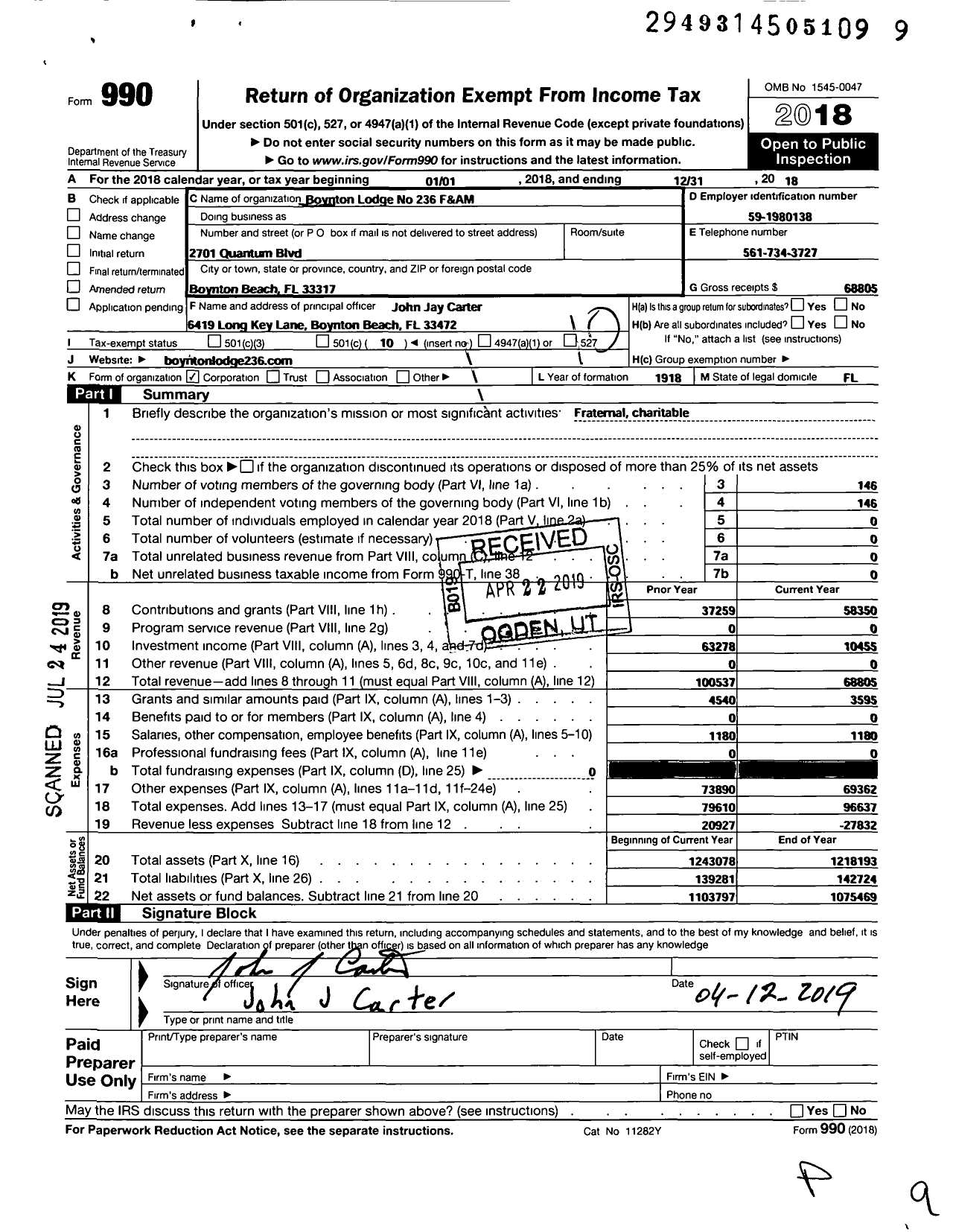 Image of first page of 2018 Form 990O for Free and Accepted Masons of Florida - 236 Boynton Lodge