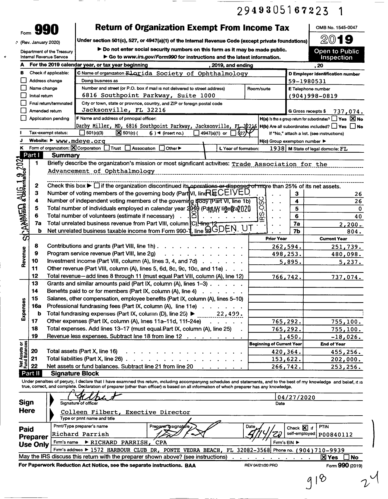 Image of first page of 2019 Form 990O for Florida Society of Ophthalmology