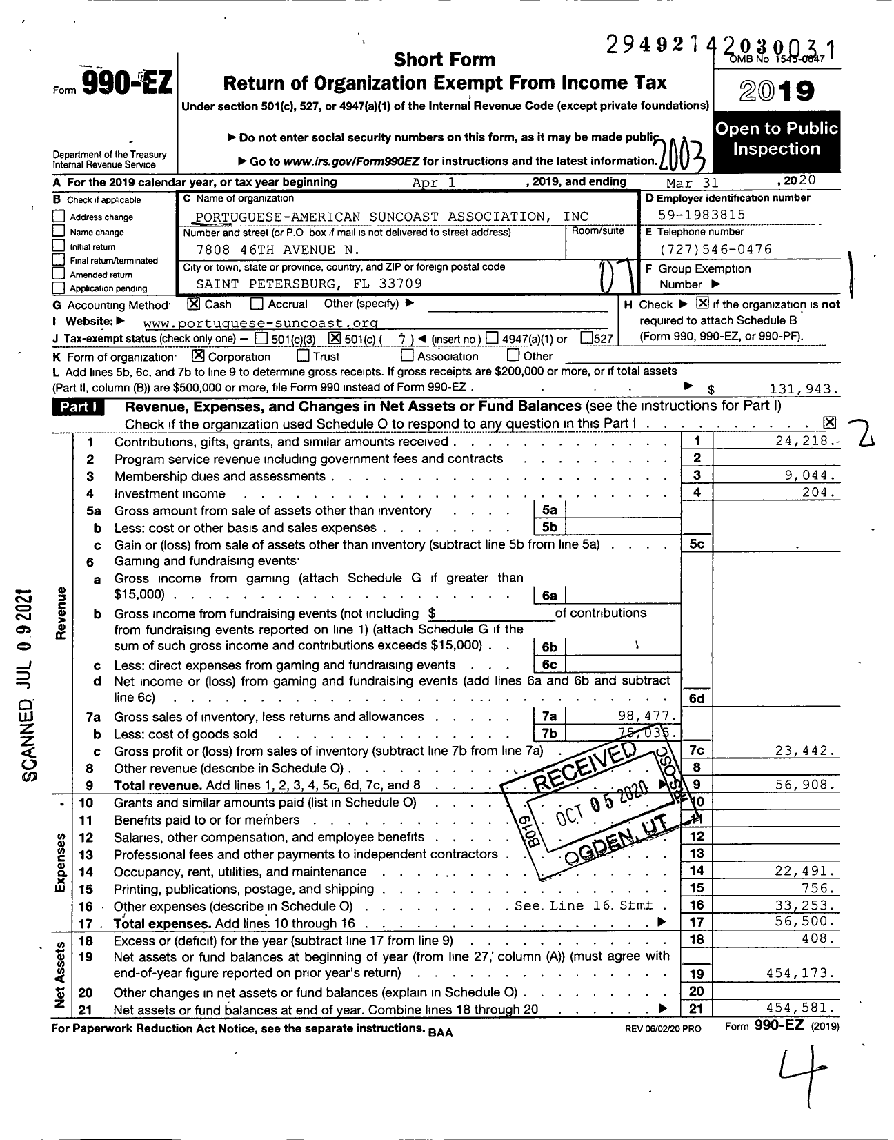 Image of first page of 2019 Form 990EO for Portuguese-American Suncoast Association