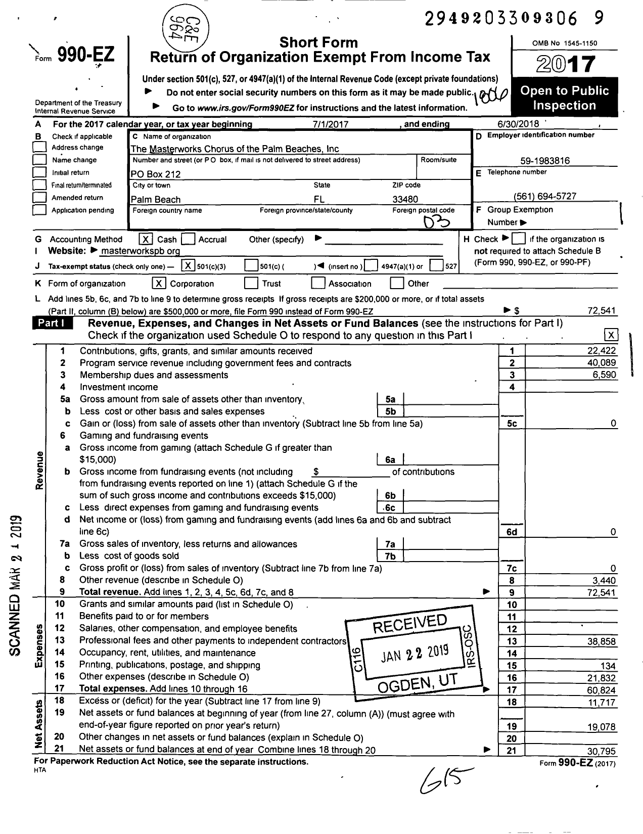 Image of first page of 2017 Form 990EZ for The Masterworks Chorus of The Palm Beaches