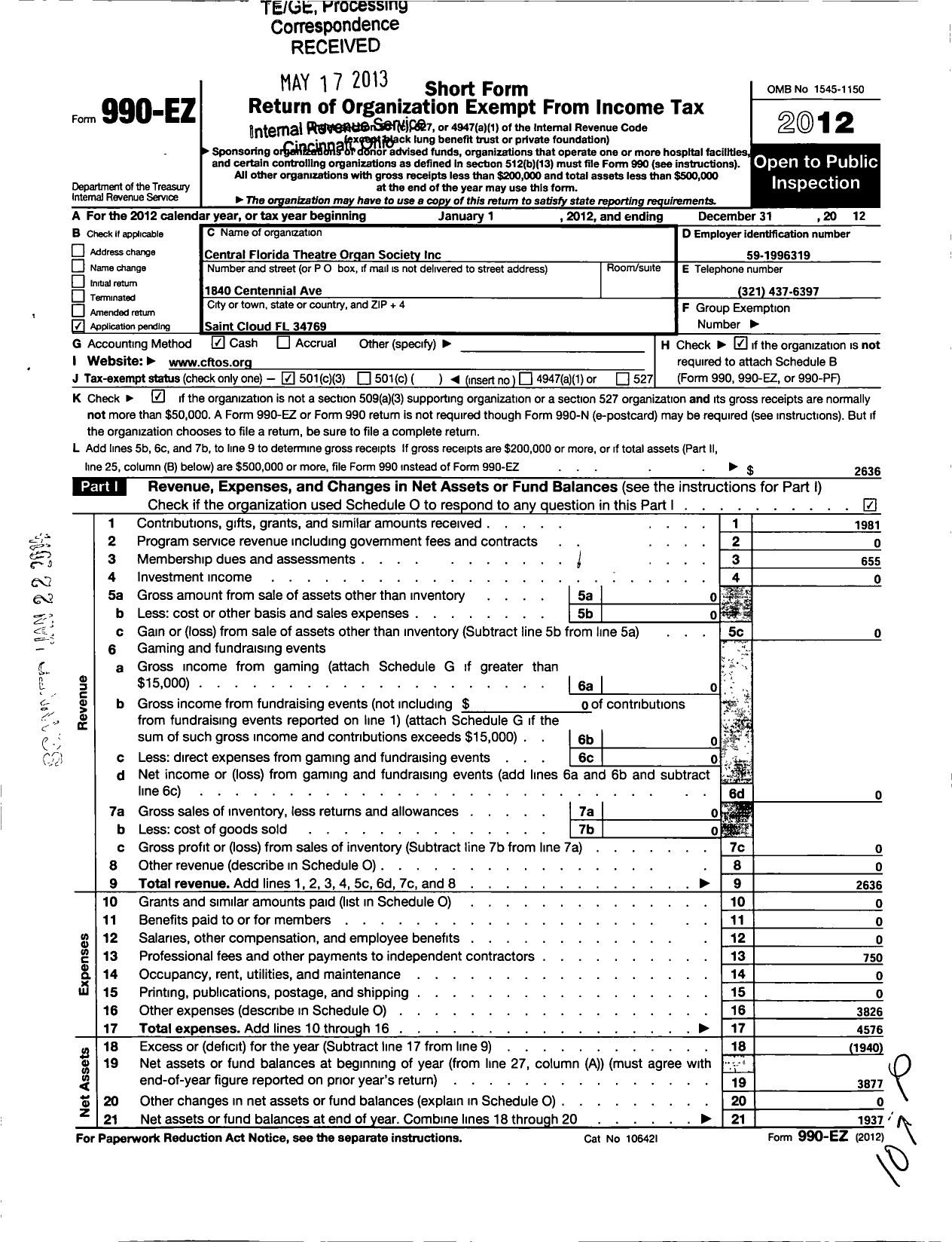 Image of first page of 2012 Form 990EZ for Central Florida Theatre Organ Society