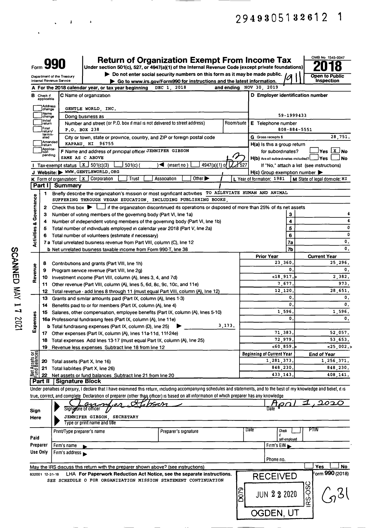 Image of first page of 2018 Form 990 for Gentle World