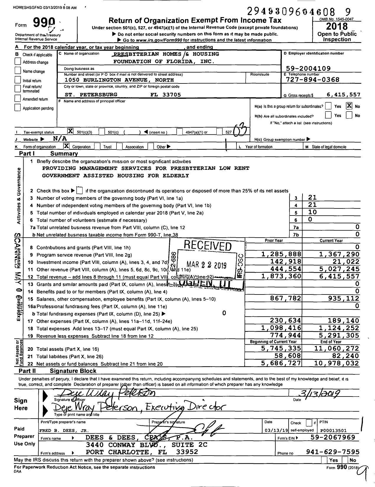 Image of first page of 2018 Form 990 for Presbyterian Homes and Housing Foundation of Florida