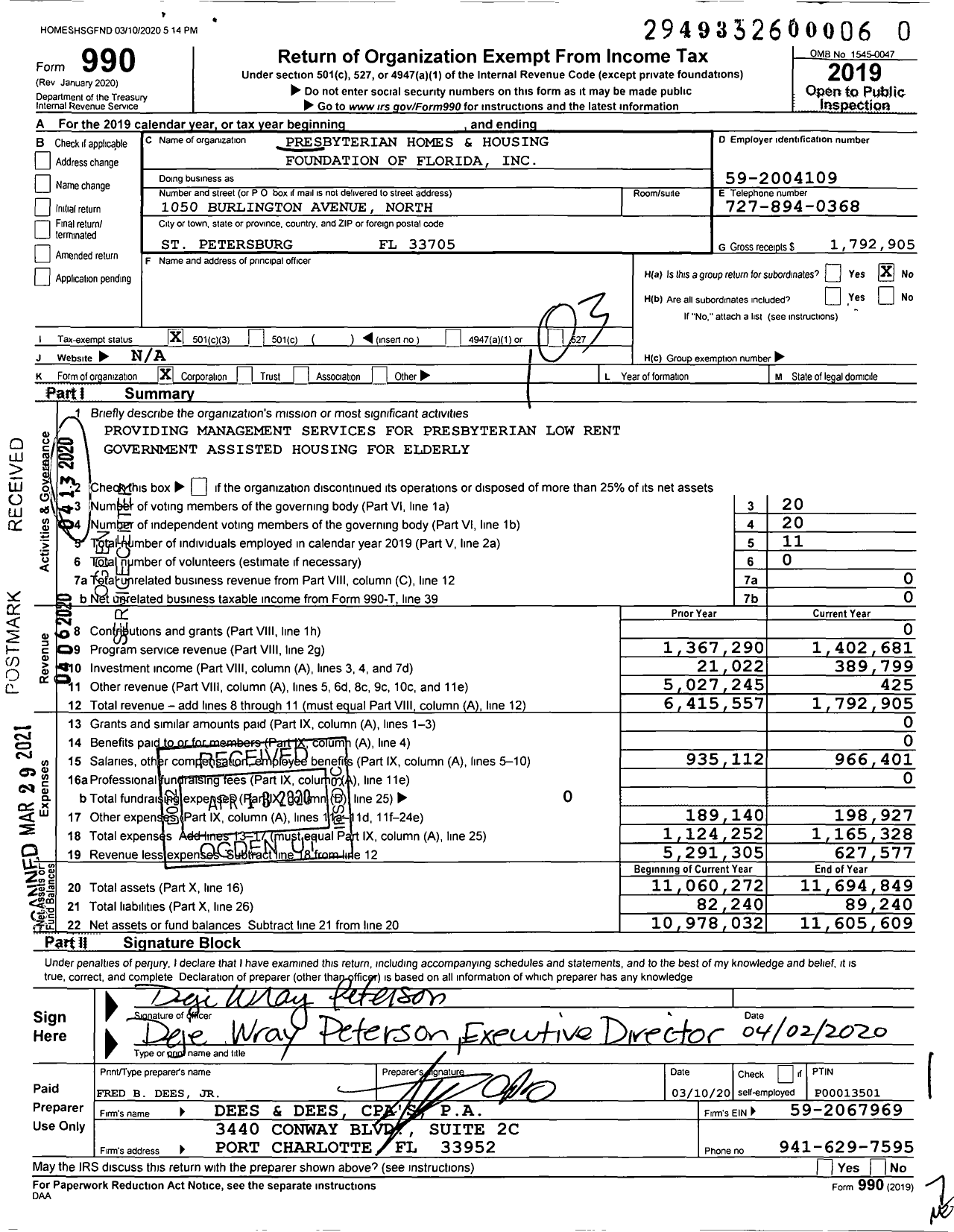 Image of first page of 2019 Form 990 for Presbyterian Homes and Housing Foundation of Florida