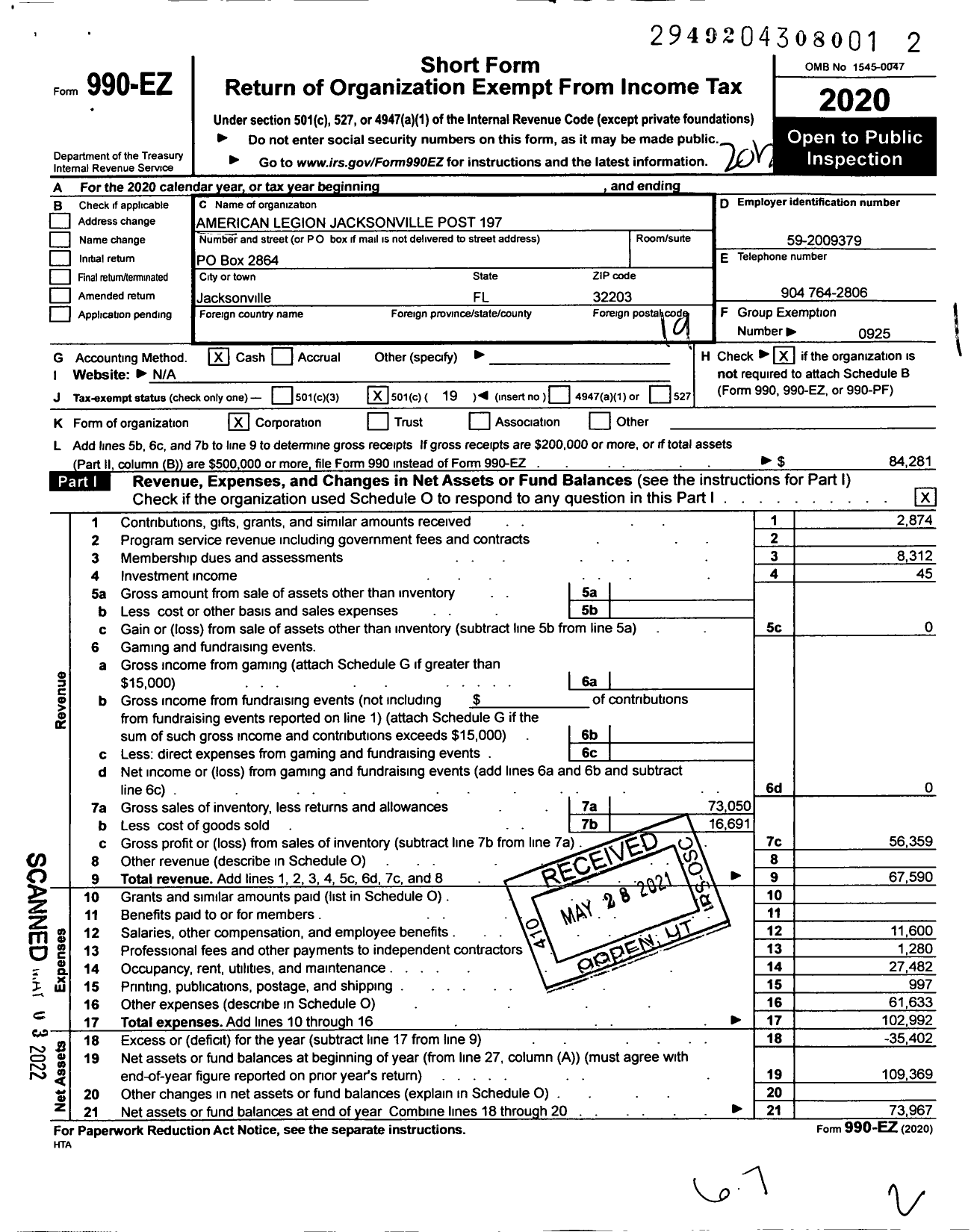 Image of first page of 2020 Form 990EO for American Legion - 197 Jacksonville