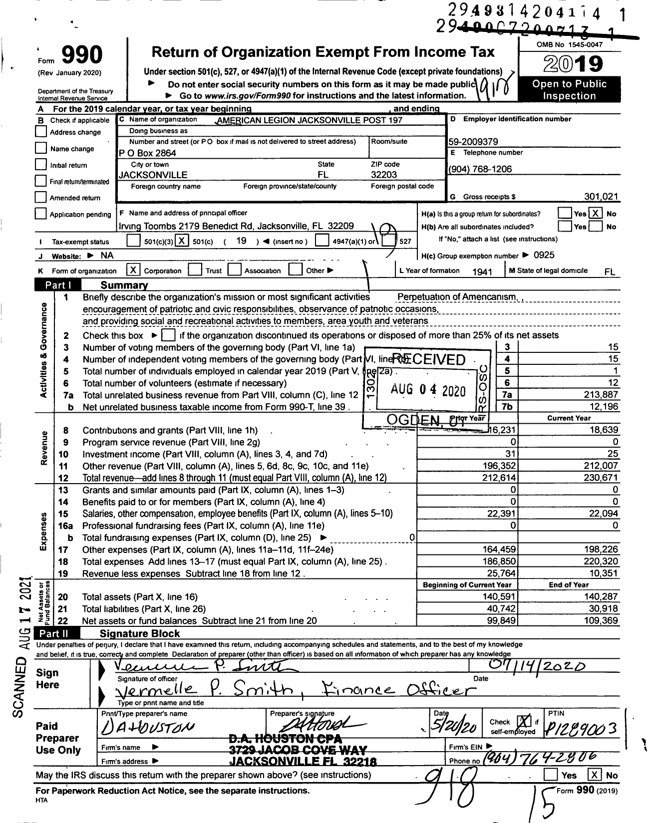 Image of first page of 2019 Form 990O for American Legion - 197 Jacksonville