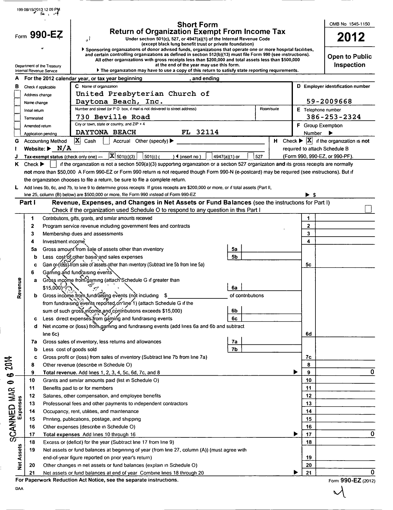 Image of first page of 2012 Form 990EZ for United Prsbyterian Church of Datona Beach