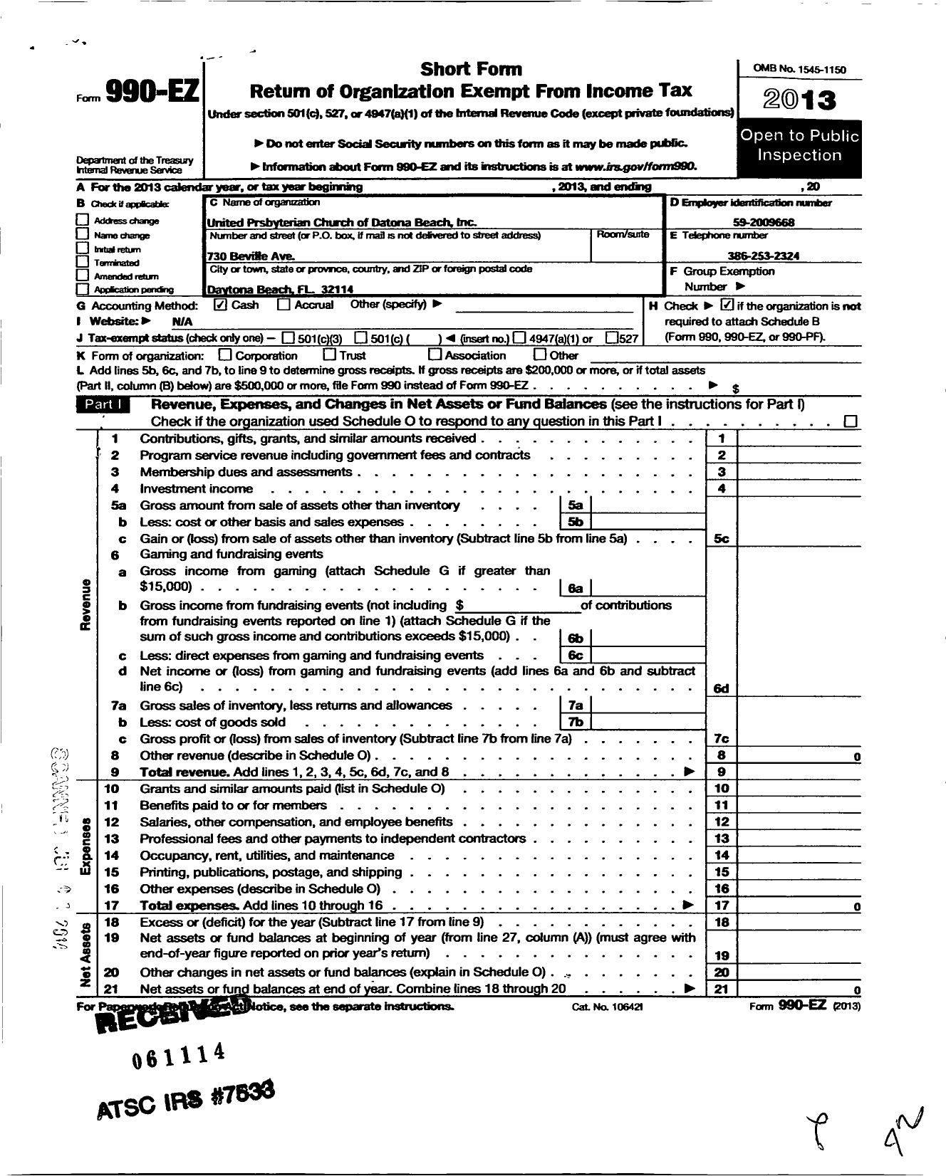 Image of first page of 2013 Form 990EO for United Prsbyterian Church of Datona Beach