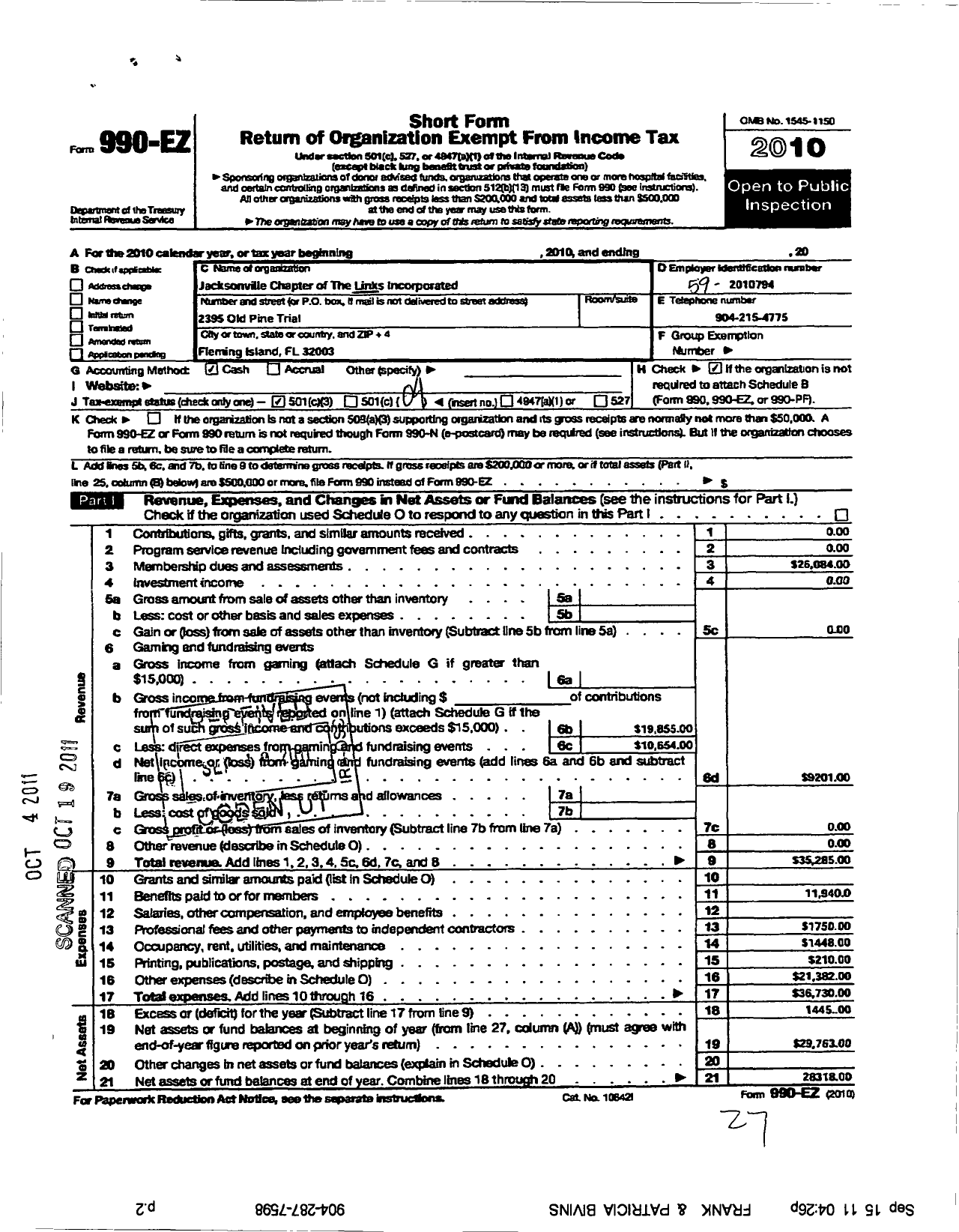 Image of first page of 2010 Form 990EO for Links / Jacksonville Chapter
