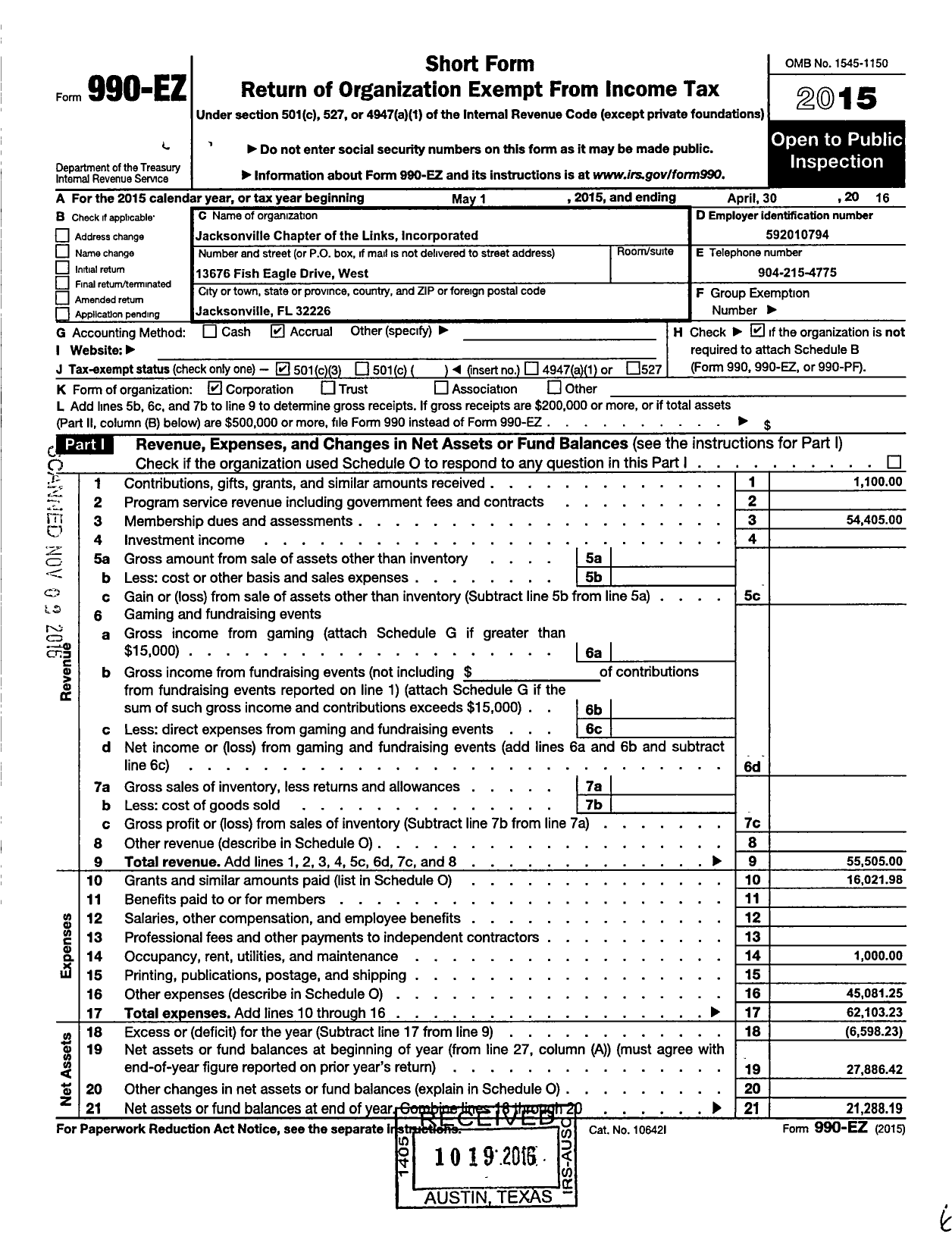 Image of first page of 2015 Form 990EZ for Links / Jacksonville Chapter