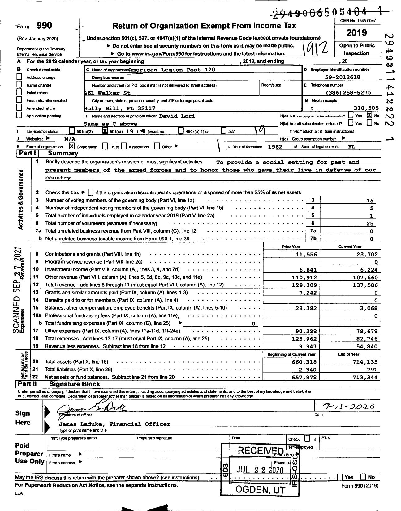 Image of first page of 2019 Form 990O for American Legion Post 120