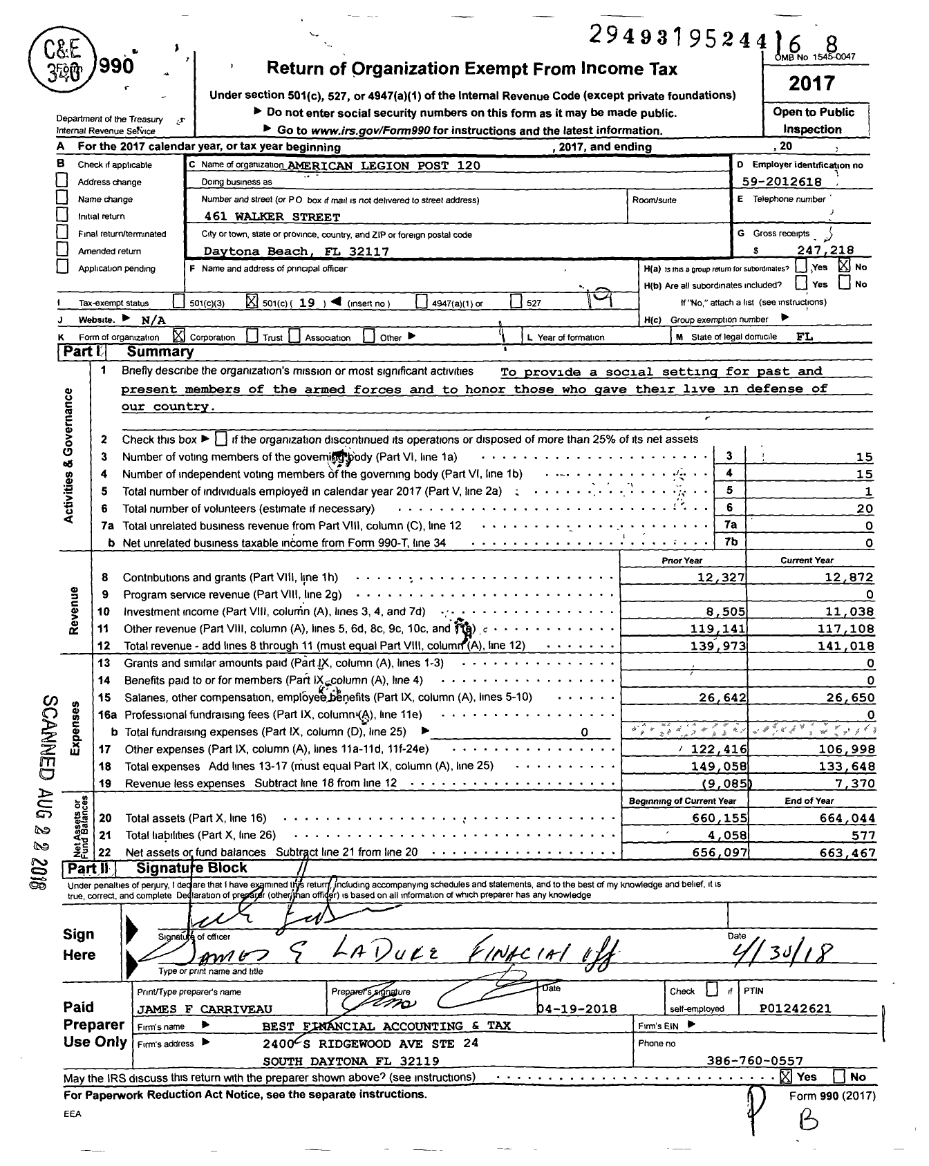 Image of first page of 2017 Form 990O for American Legion Post 120