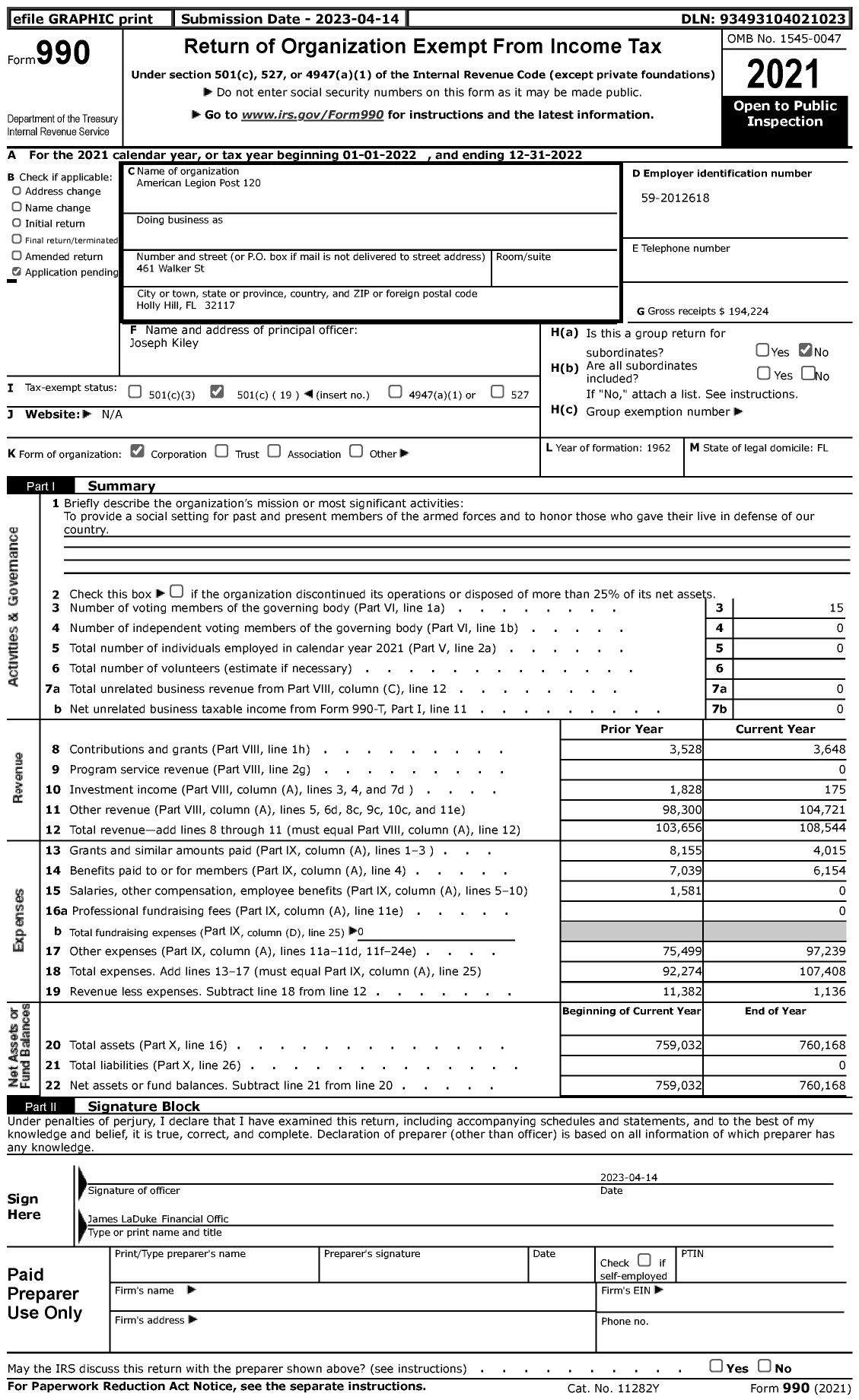 Image of first page of 2022 Form 990 for American Legion Post 120