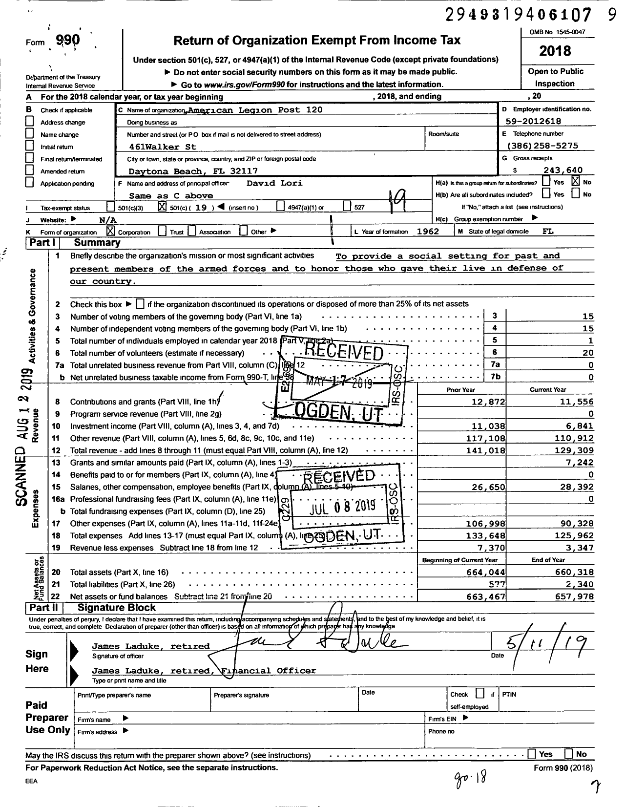 Image of first page of 2018 Form 990O for American Legion Post 120