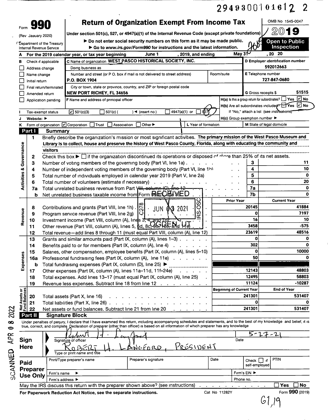 Image of first page of 2019 Form 990 for The West Pasco Historical Society