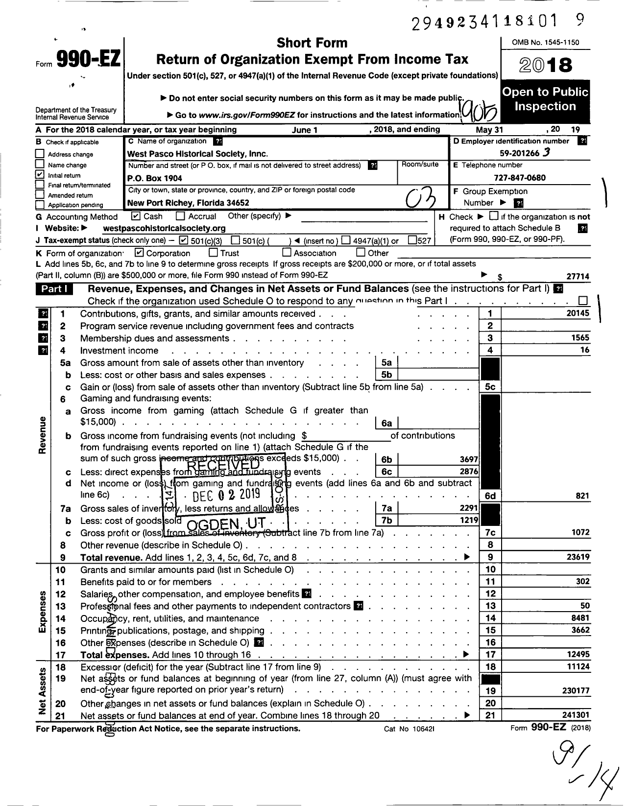 Image of first page of 2018 Form 990EZ for The West Pasco Historical Society