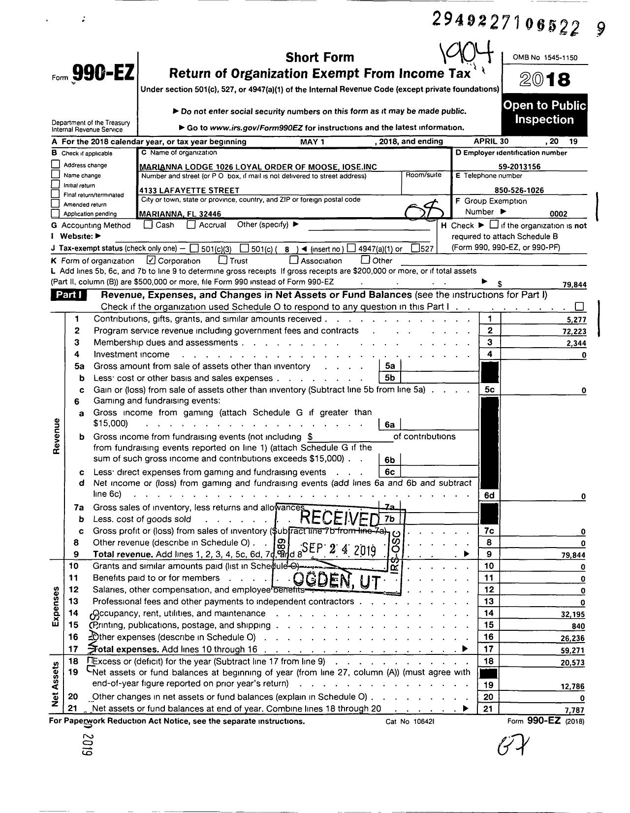 Image of first page of 2018 Form 990EO for Marianna Lodge No 1026 Loyal Order of Moose