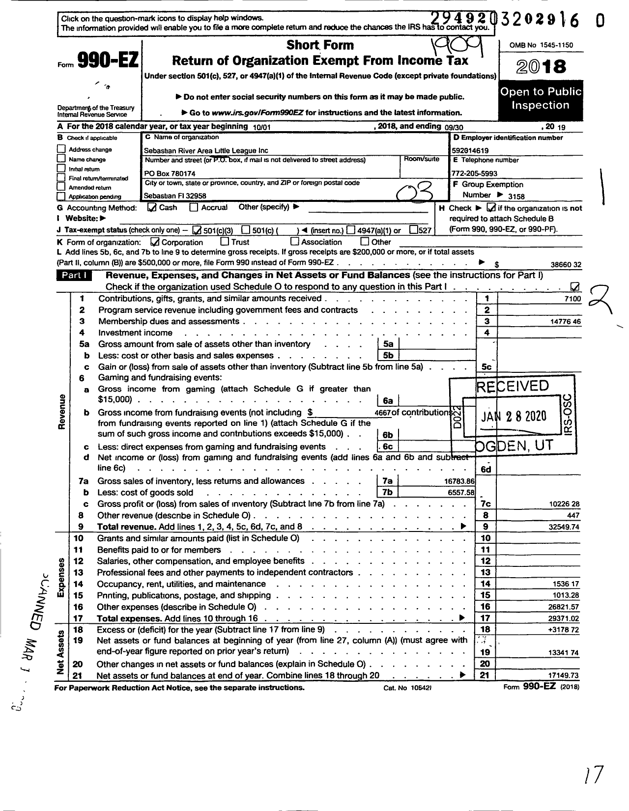 Image of first page of 2018 Form 990EZ for Little League Baseball - 3091701 Sebastian River Area LL