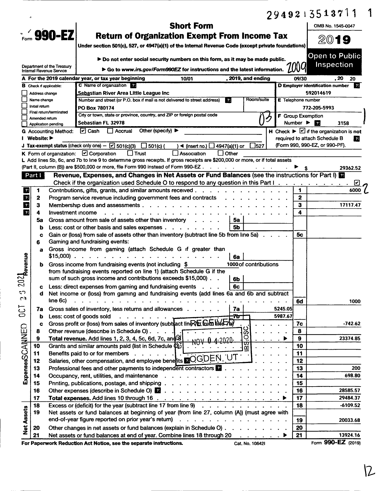 Image of first page of 2019 Form 990EZ for Little League Baseball - 3091701 Sebastian River Area LL