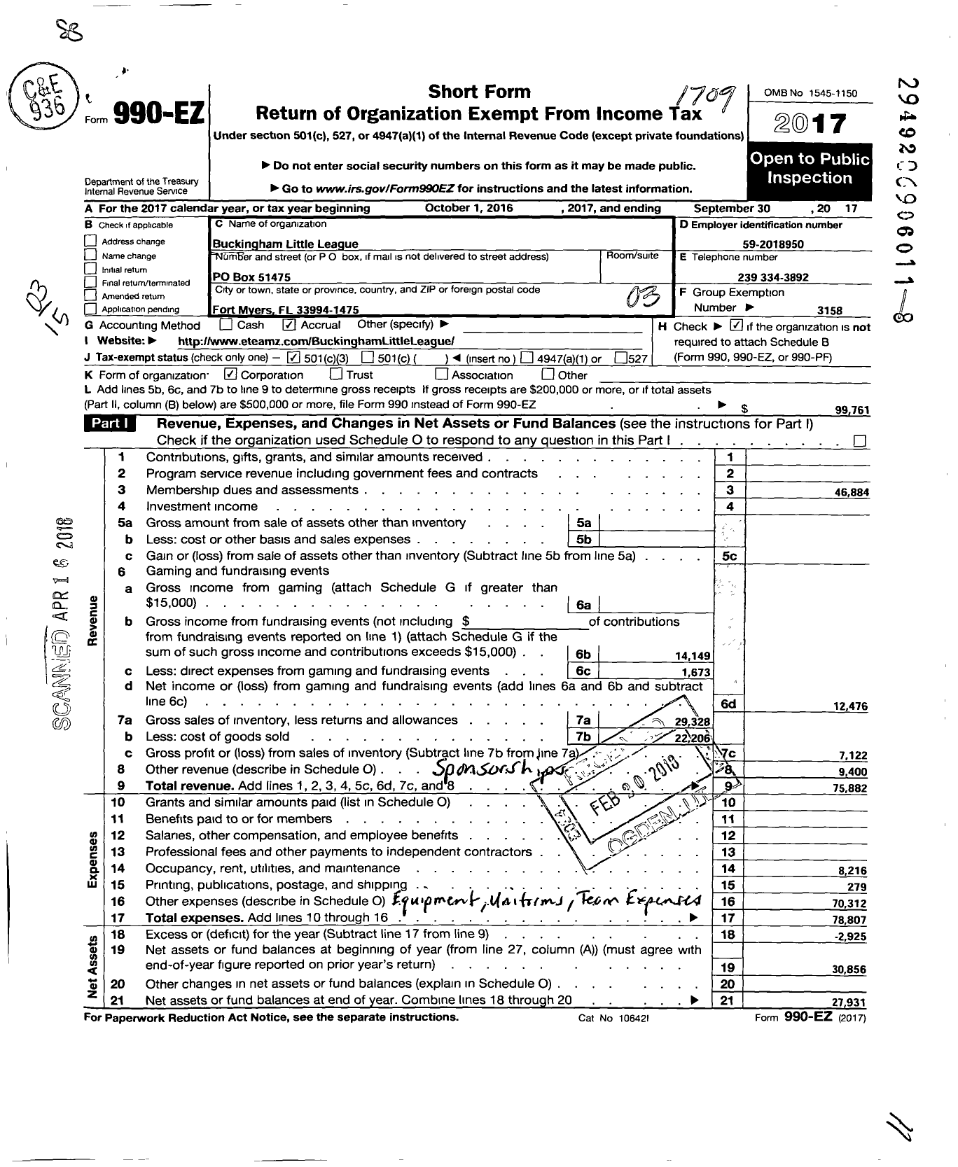 Image of first page of 2016 Form 990EZ for Little League Baseball - 3090904 Buckingham LL