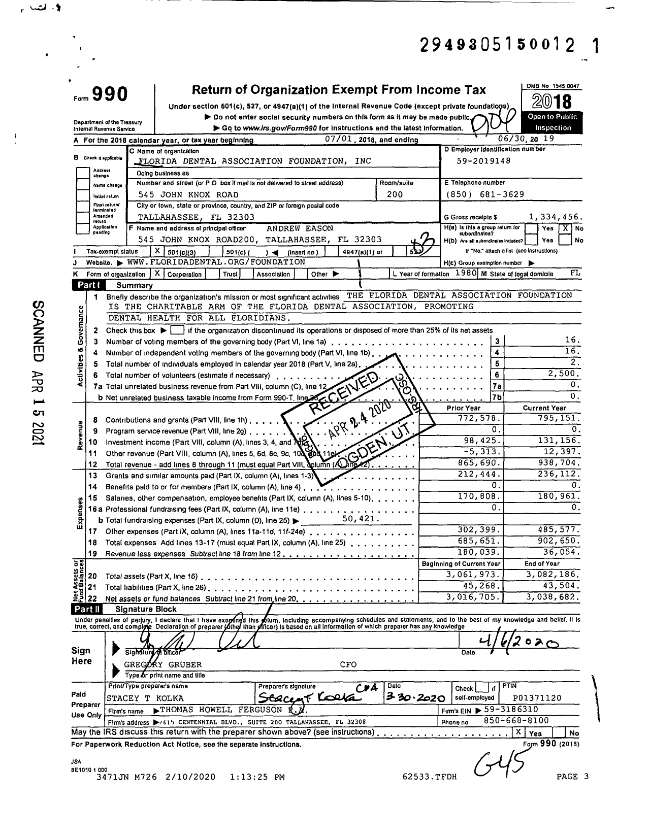 Image of first page of 2018 Form 990 for Florida Dental Association Foundation