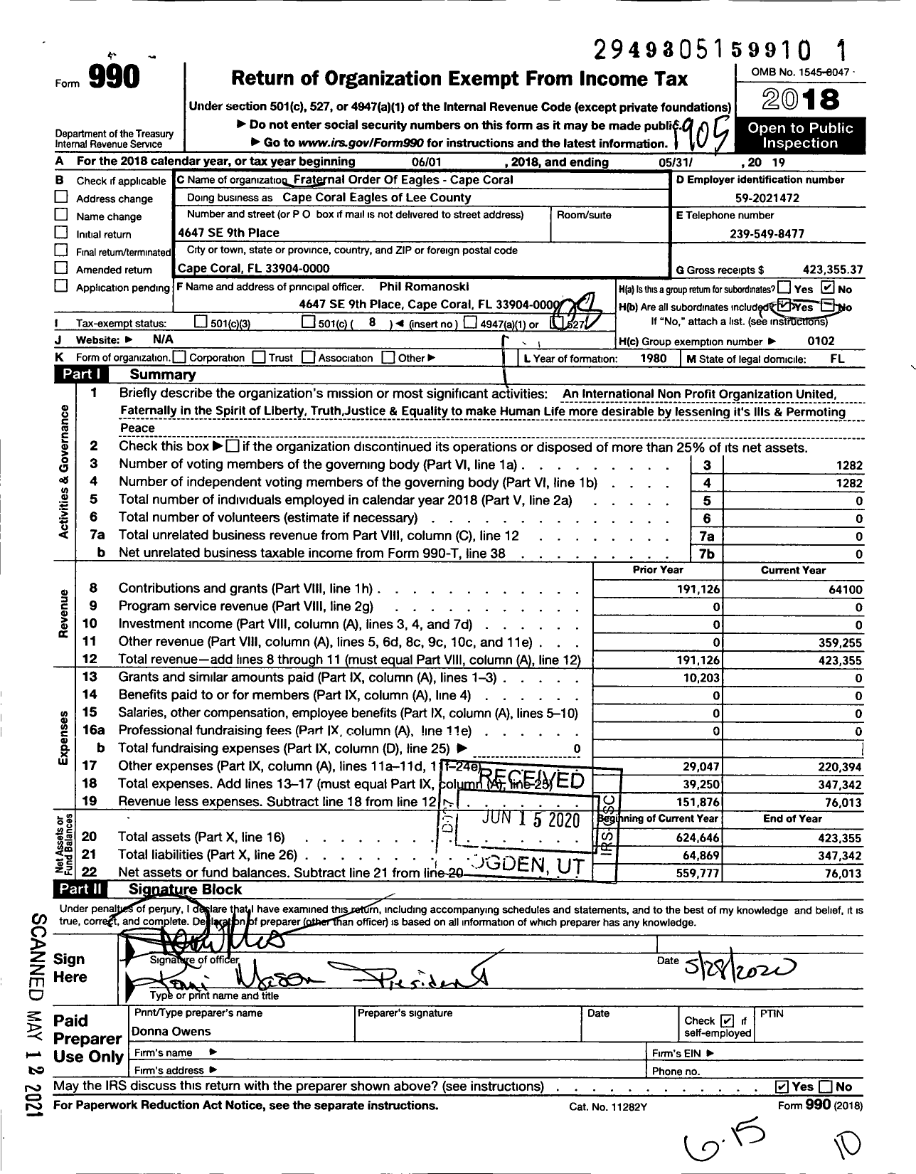 Image of first page of 2018 Form 990O for Fraternal Order of Eagles - Cape Coral Eagles of Lee County