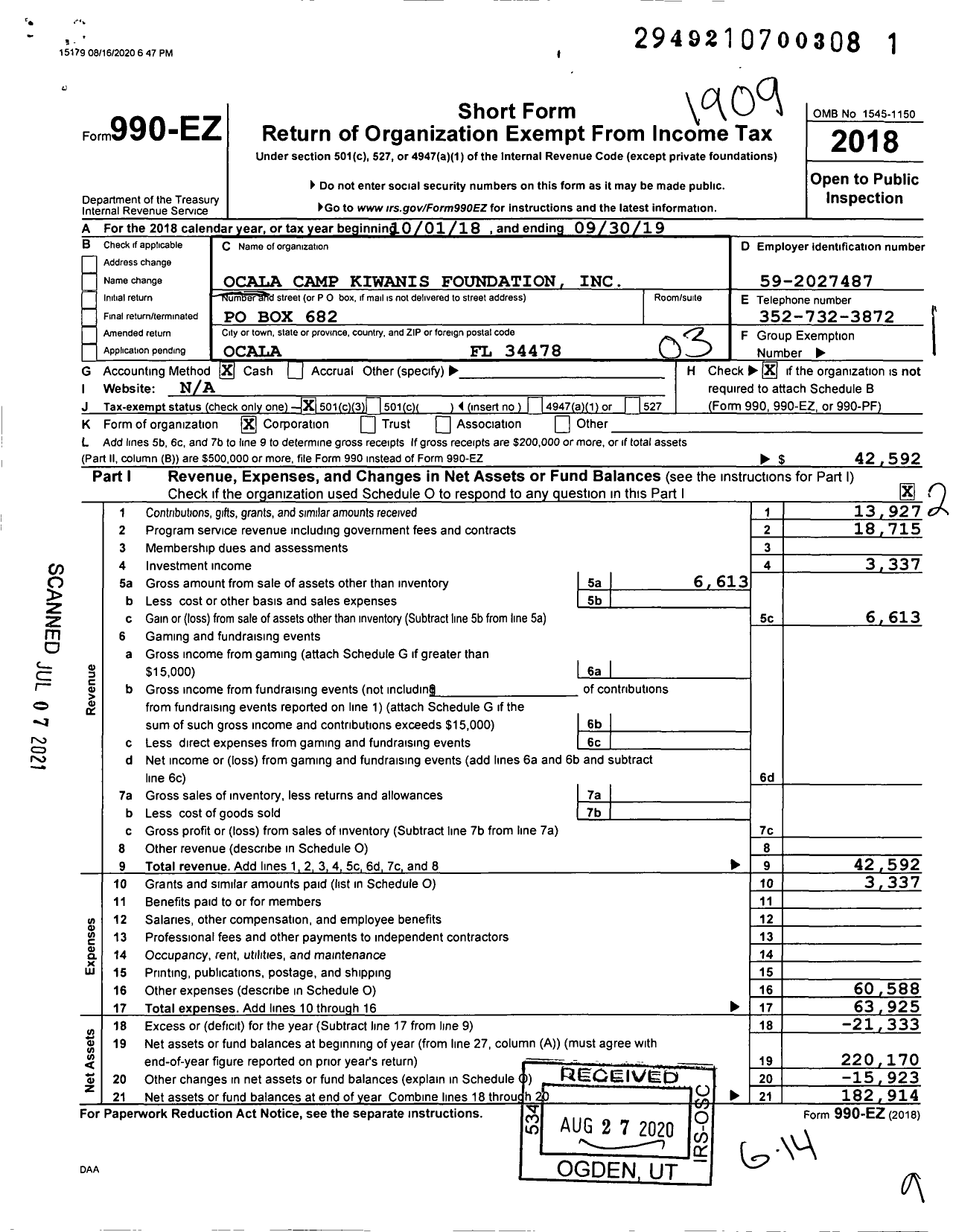 Image of first page of 2018 Form 990EZ for Ocala Camp Kiwanis Foundation