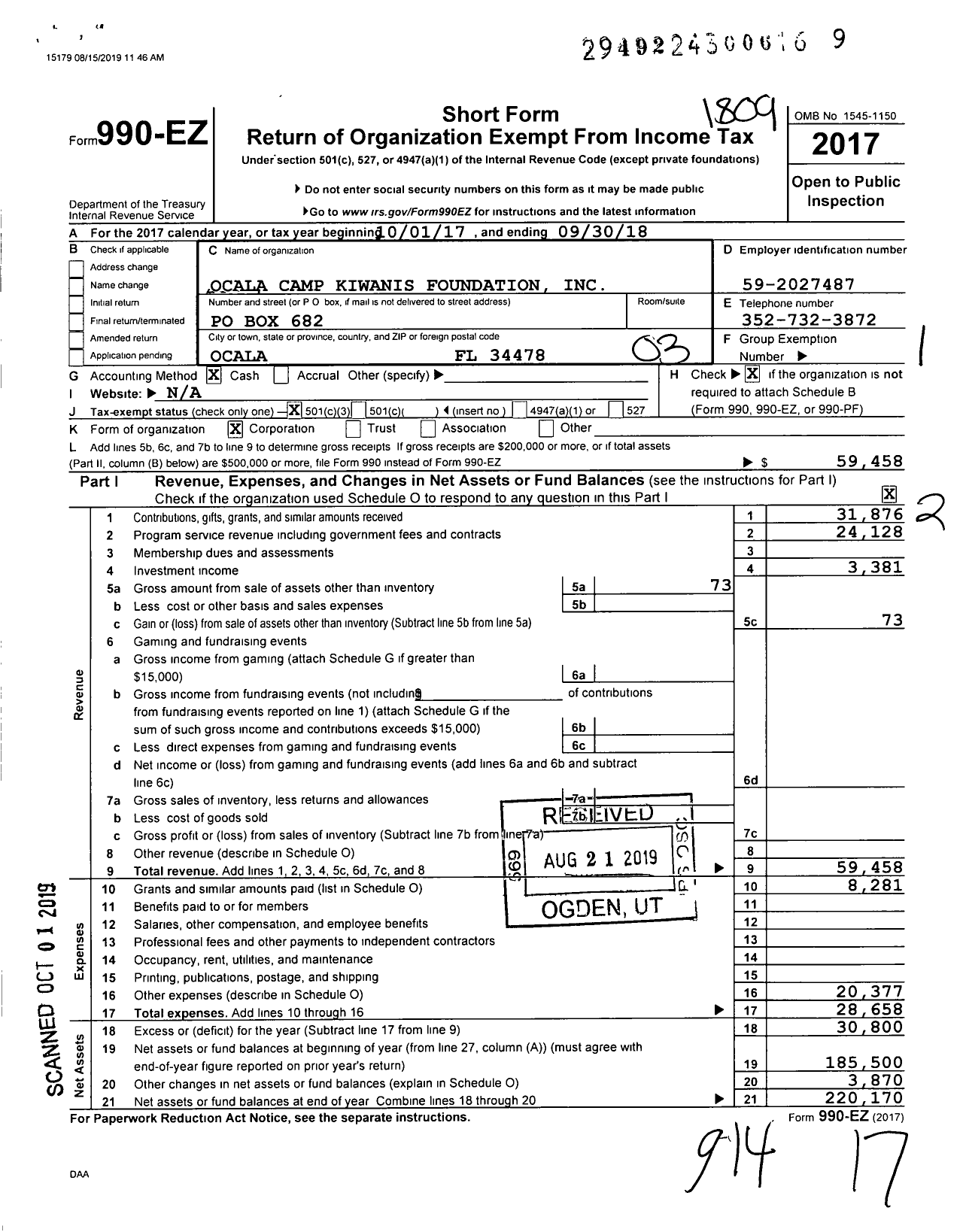 Image of first page of 2017 Form 990EZ for Ocala Camp Kiwanis Foundation