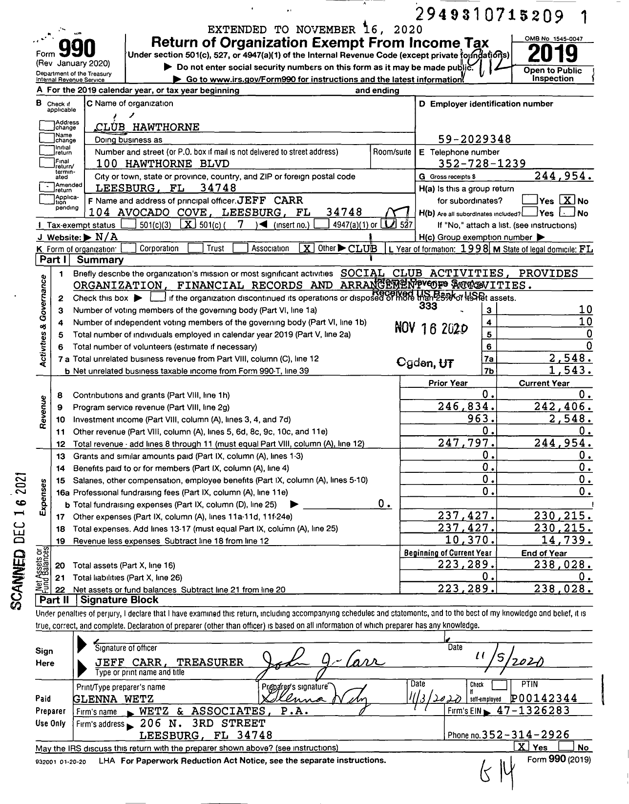 Image of first page of 2019 Form 990O for Club Hawthorne
