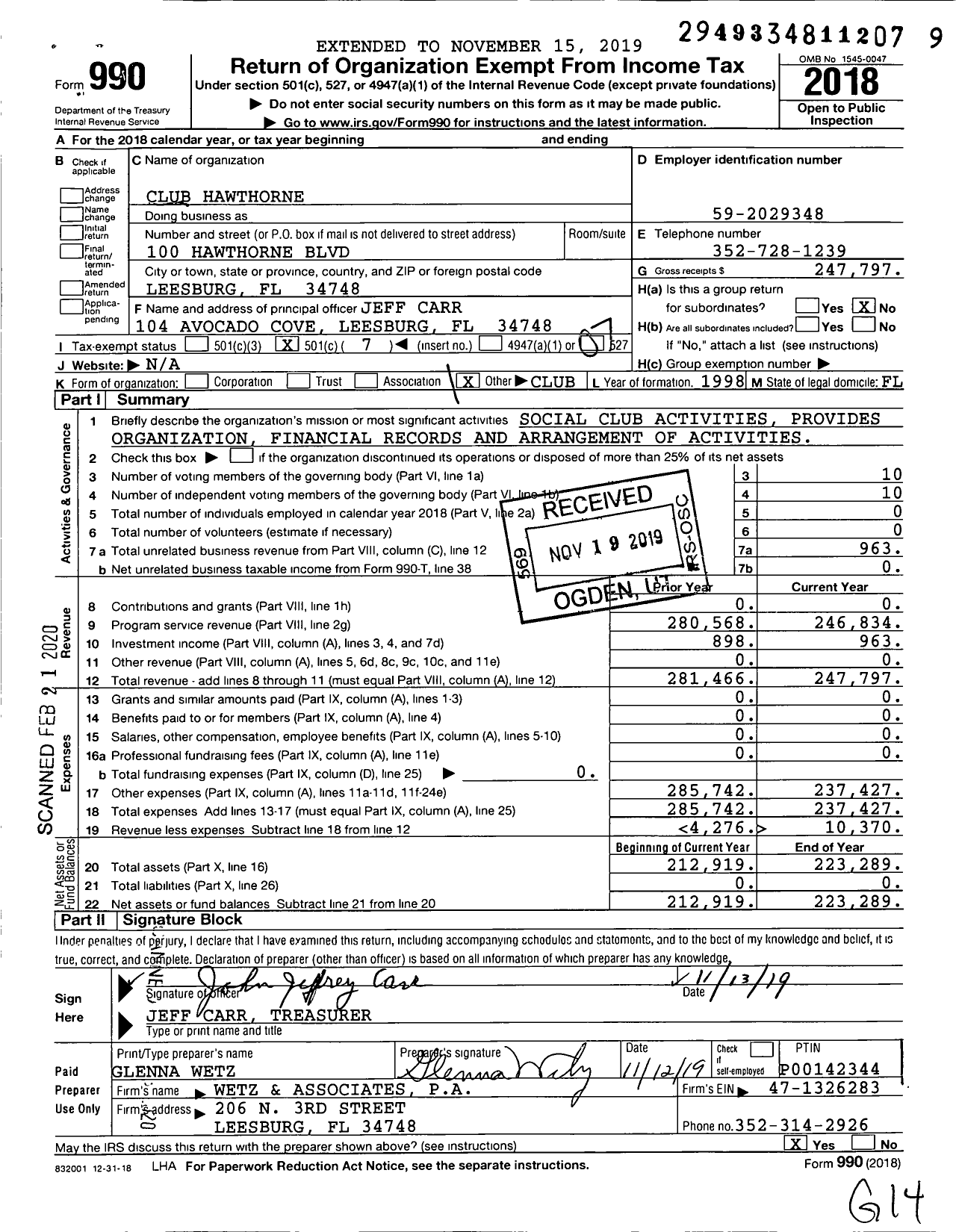 Image of first page of 2018 Form 990O for Club Hawthorne