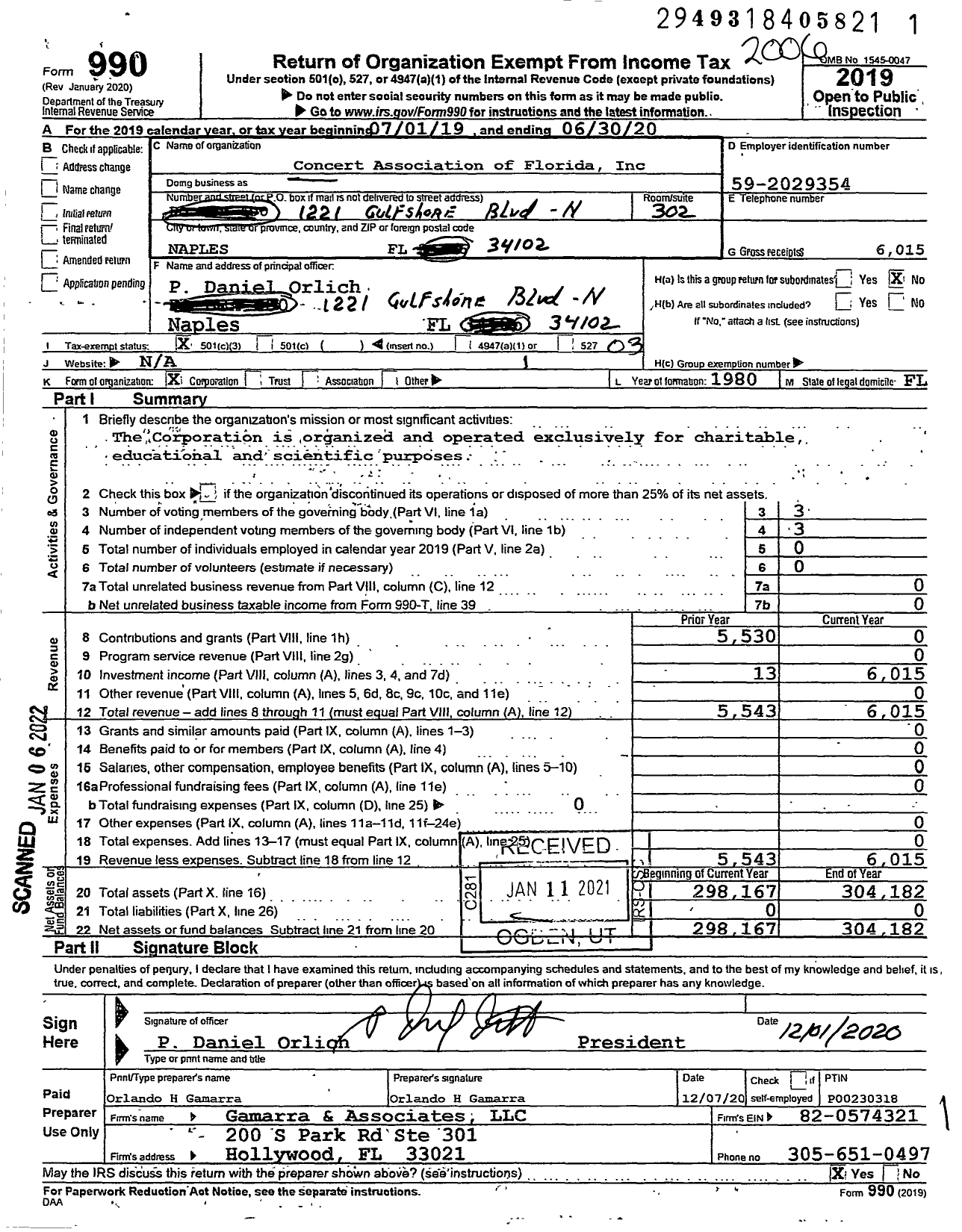 Image of first page of 2019 Form 990 for Concert Association of Florida