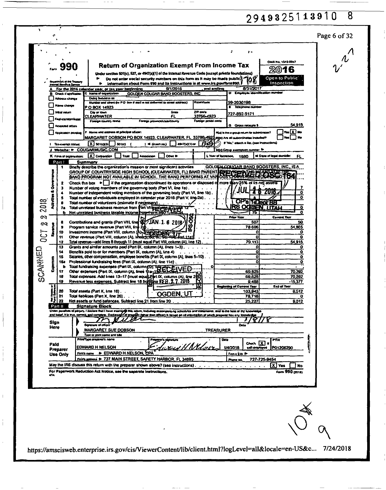 Image of first page of 2016 Form 990 for Golden Cougar Band Boosters