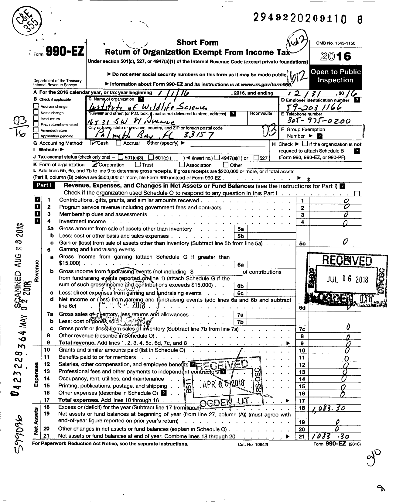 Image of first page of 2016 Form 990EZ for Institute of Wildlife Sciences