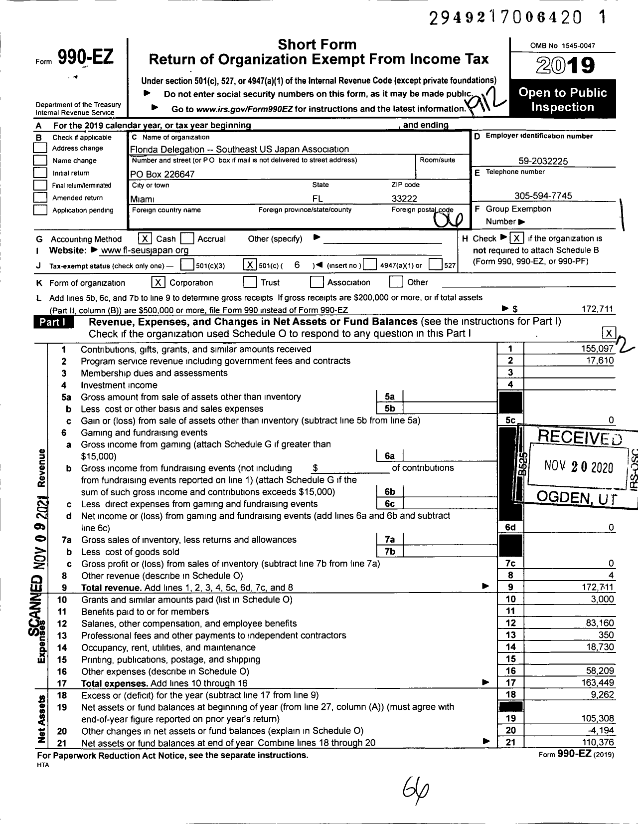 Image of first page of 2019 Form 990EO for Florida Delegation - Southeast US Japan Association