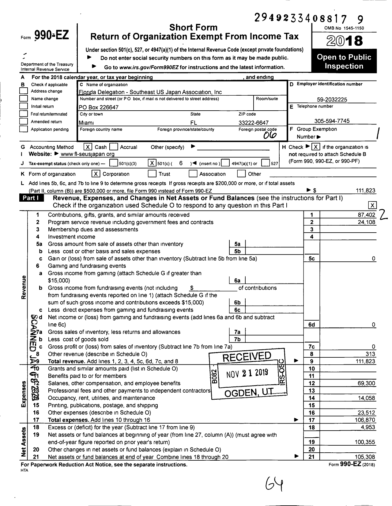 Image of first page of 2018 Form 990EO for Florida Delegation - Southeast US Japan Association