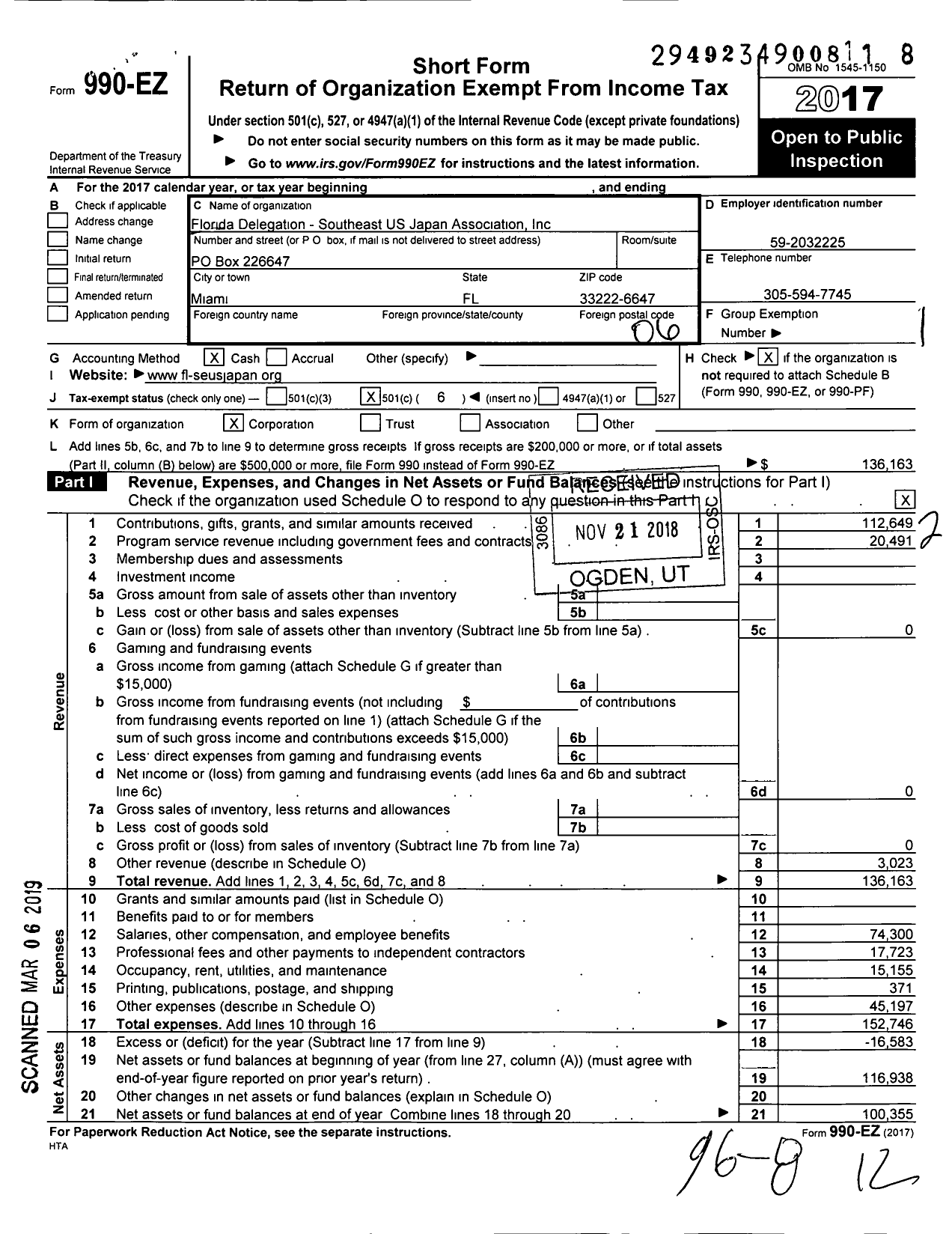 Image of first page of 2017 Form 990EO for Florida Delegation - Southeast US Japan Association