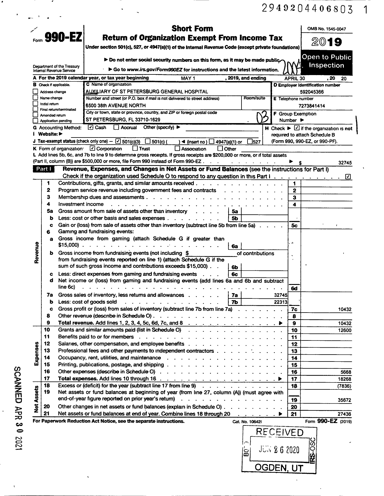 Image of first page of 2019 Form 990EZ for Auxiliary of St Petersburg General Hospital