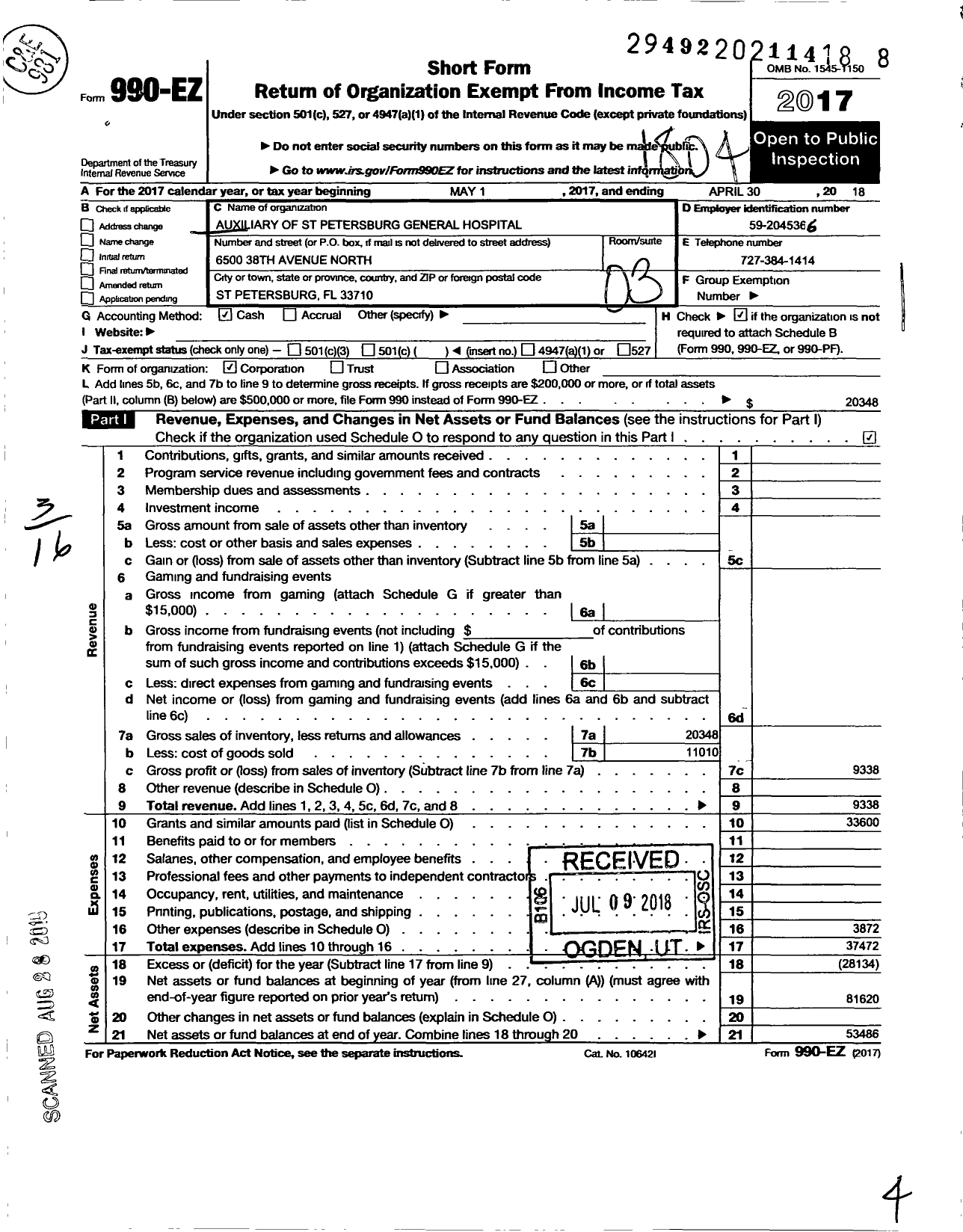 Image of first page of 2017 Form 990EZ for Auxiliary of St Petersburg General Hospital