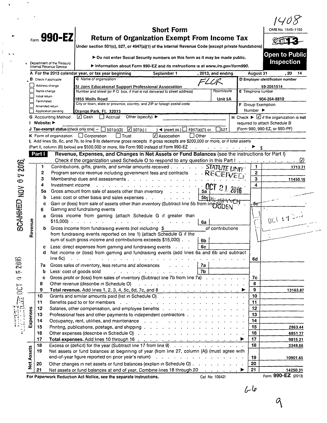 Image of first page of 2013 Form 990EO for Florida Education Association / St Johns Educational Support Prof