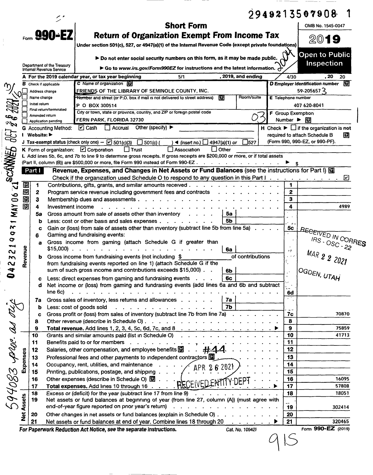 Image of first page of 2019 Form 990EZ for Friends of the Library of Seminole County