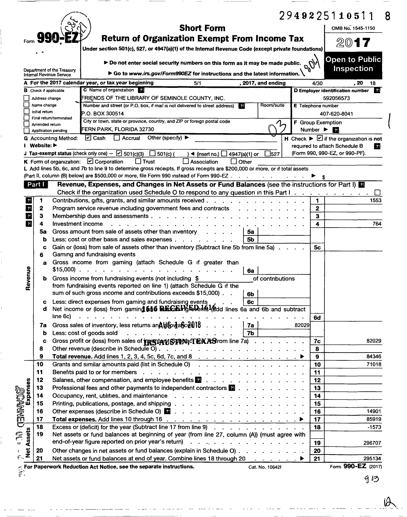 Image of first page of 2017 Form 990EZ for Friends of the Library of Seminole County