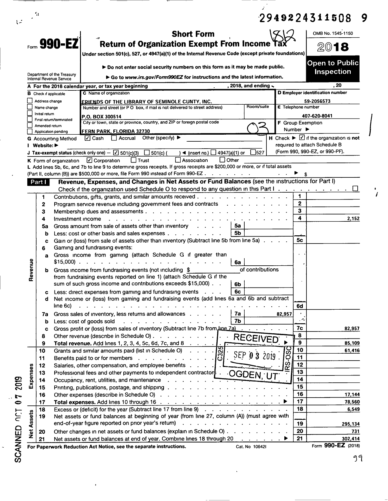 Image of first page of 2018 Form 990EZ for Friends of the Library of Seminole County