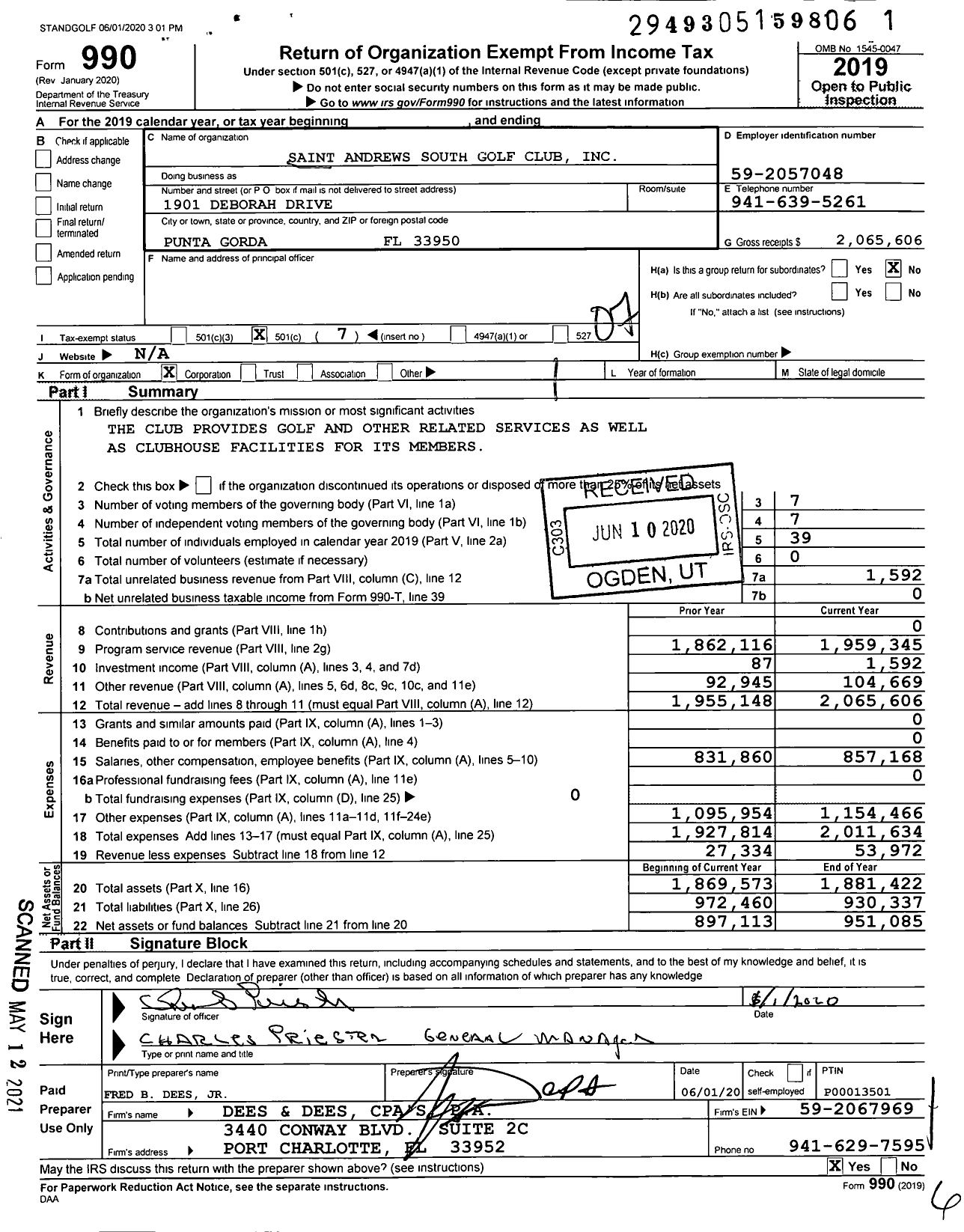 Image of first page of 2019 Form 990O for Saint Andrews South Golf Club