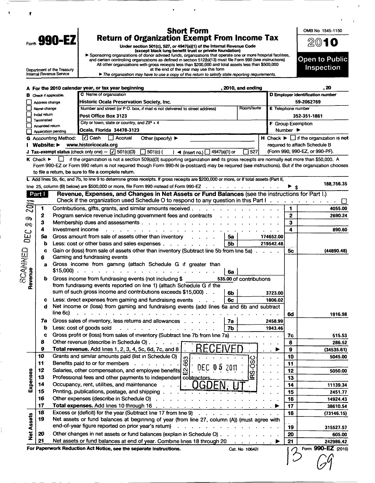 Image of first page of 2010 Form 990EZ for Historic Ocala Preservation Society