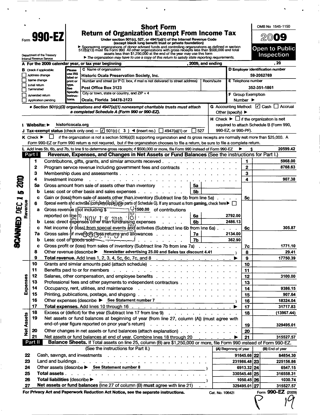 Image of first page of 2009 Form 990EZ for Historic Ocala Preservation Society