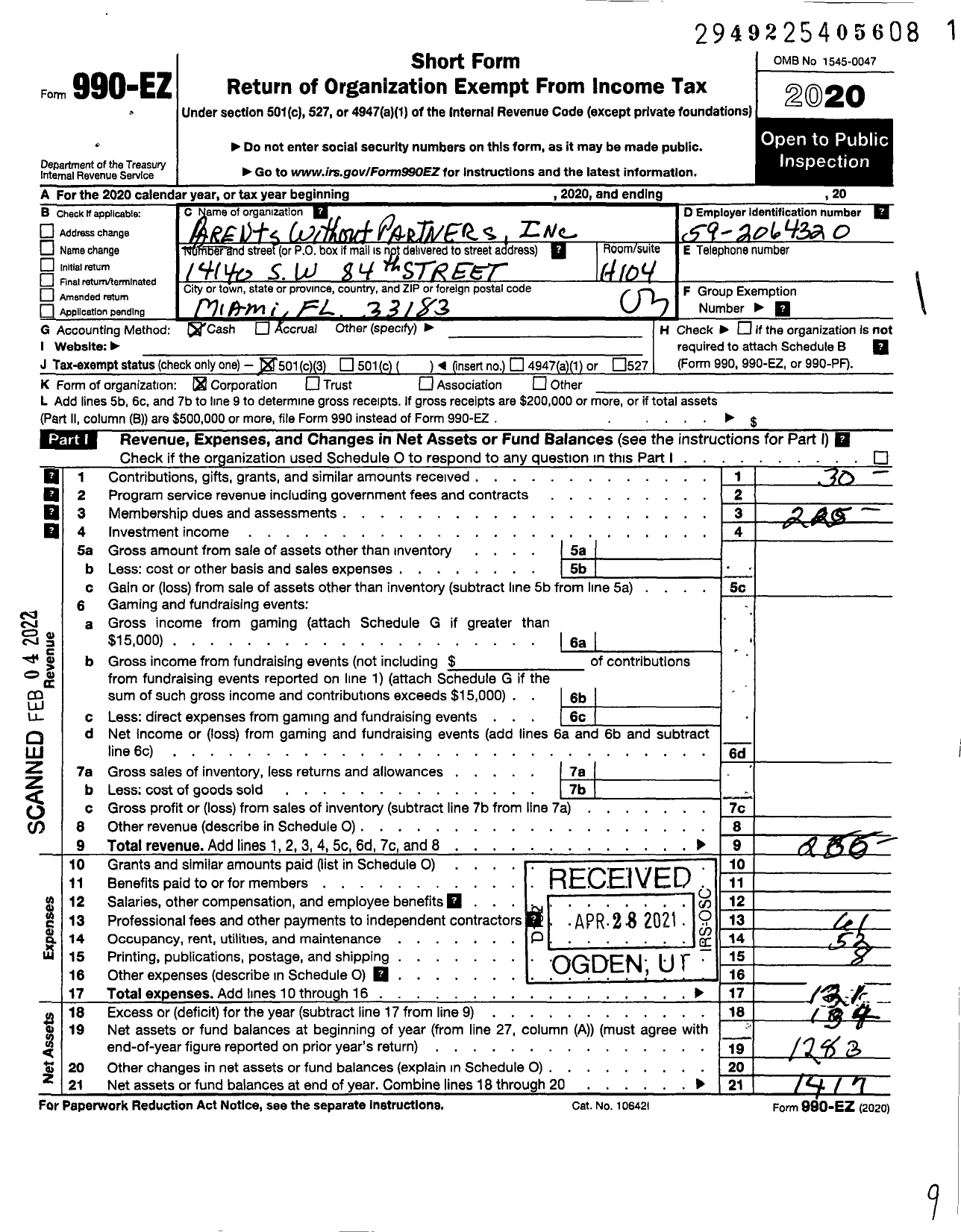 Image of first page of 2020 Form 990EZ for Parents Without Partners - 835 SW Miami