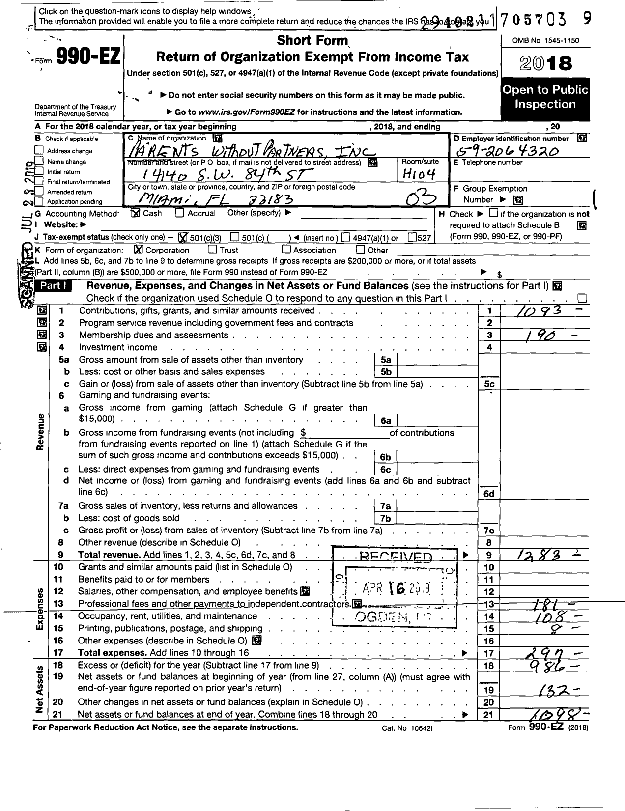 Image of first page of 2018 Form 990EZ for Parents Without Partners - 835 SW Miami